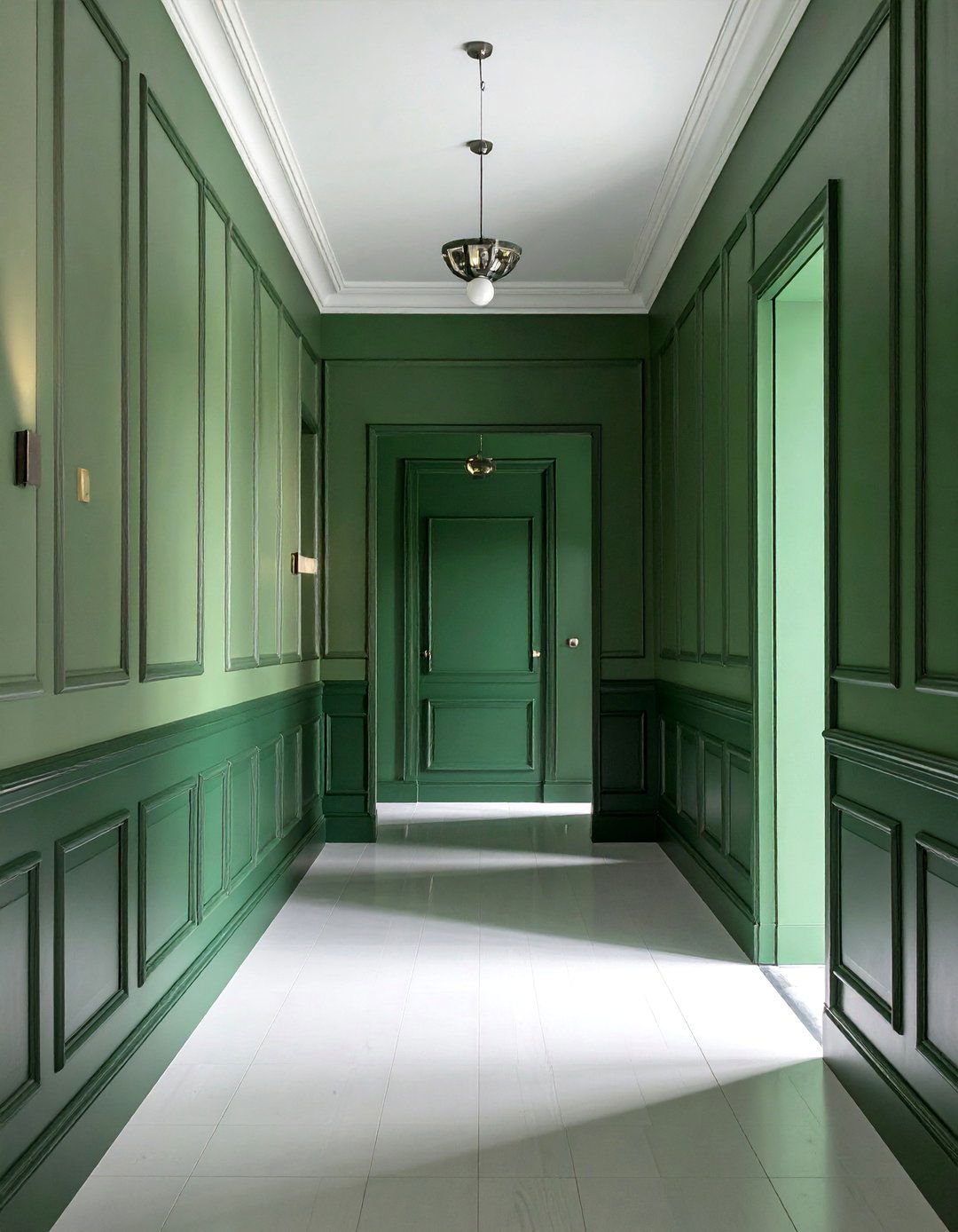 Two Tone Green Hallway with Wainscoting - 20 Green Hallway Ideas for a Fresh and Inviting Space