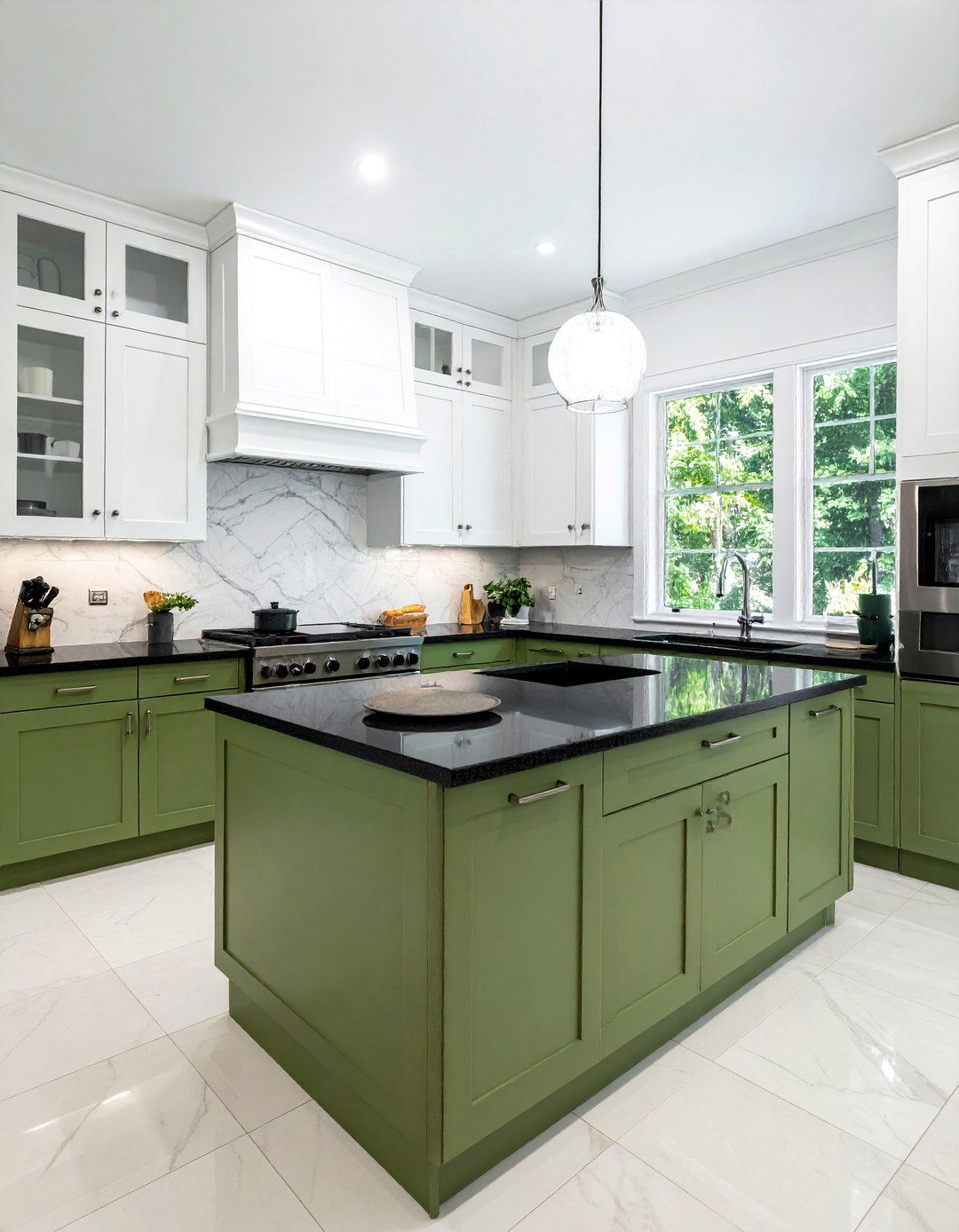 Two Tone Sage Green and White Cabinets with Black Countertops - 20 Green Kitchen Cabinets With Black Countertops Ideas