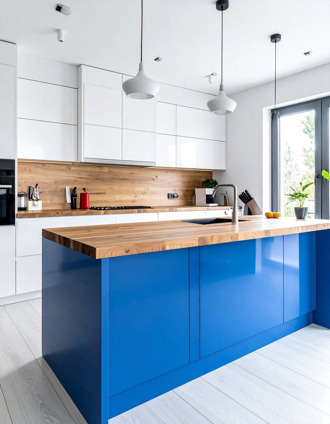 Ultramarine Blue Island with a Butcher Block Inlay - 30 White Kitchen Cabinets With Blue Island Design Ideas