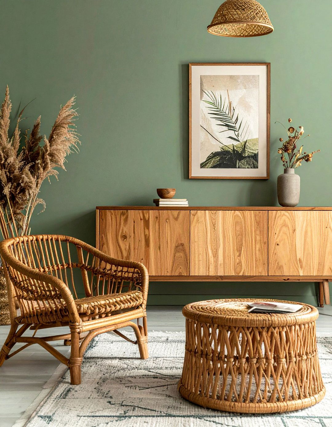 Using Brown Wicker and Rattan Accents - 20 Sage Green and Brown Living Room Ideas for Balance