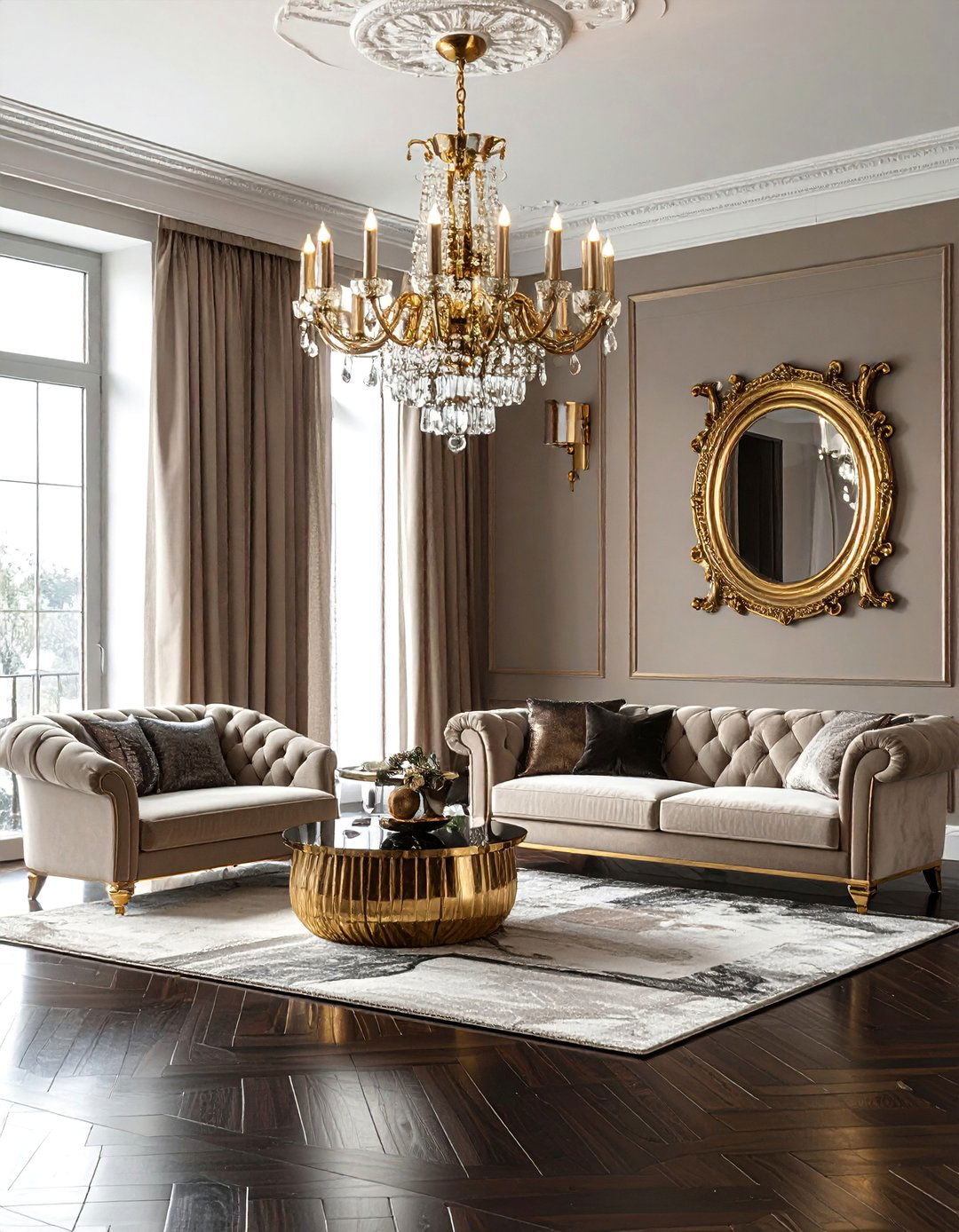 Using Gold and Brass Accents in a Dark Brown Floor Living Room - 30 Dark Brown Floor Living Room Ideas for a Warm Ambiance