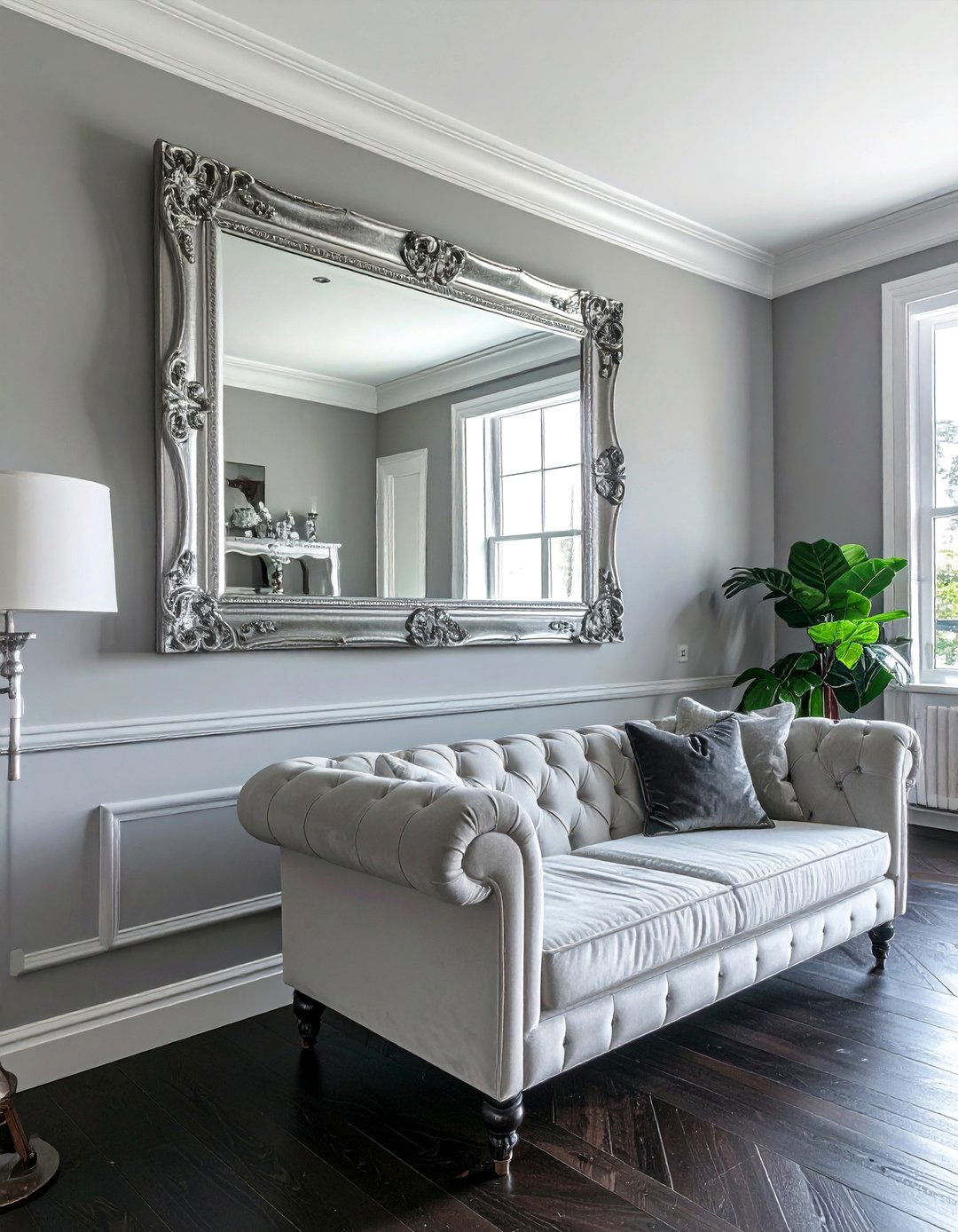 Using Mirrors to Enhance Light - 20 Grey Living Room With Dark Wood Floors Ideas