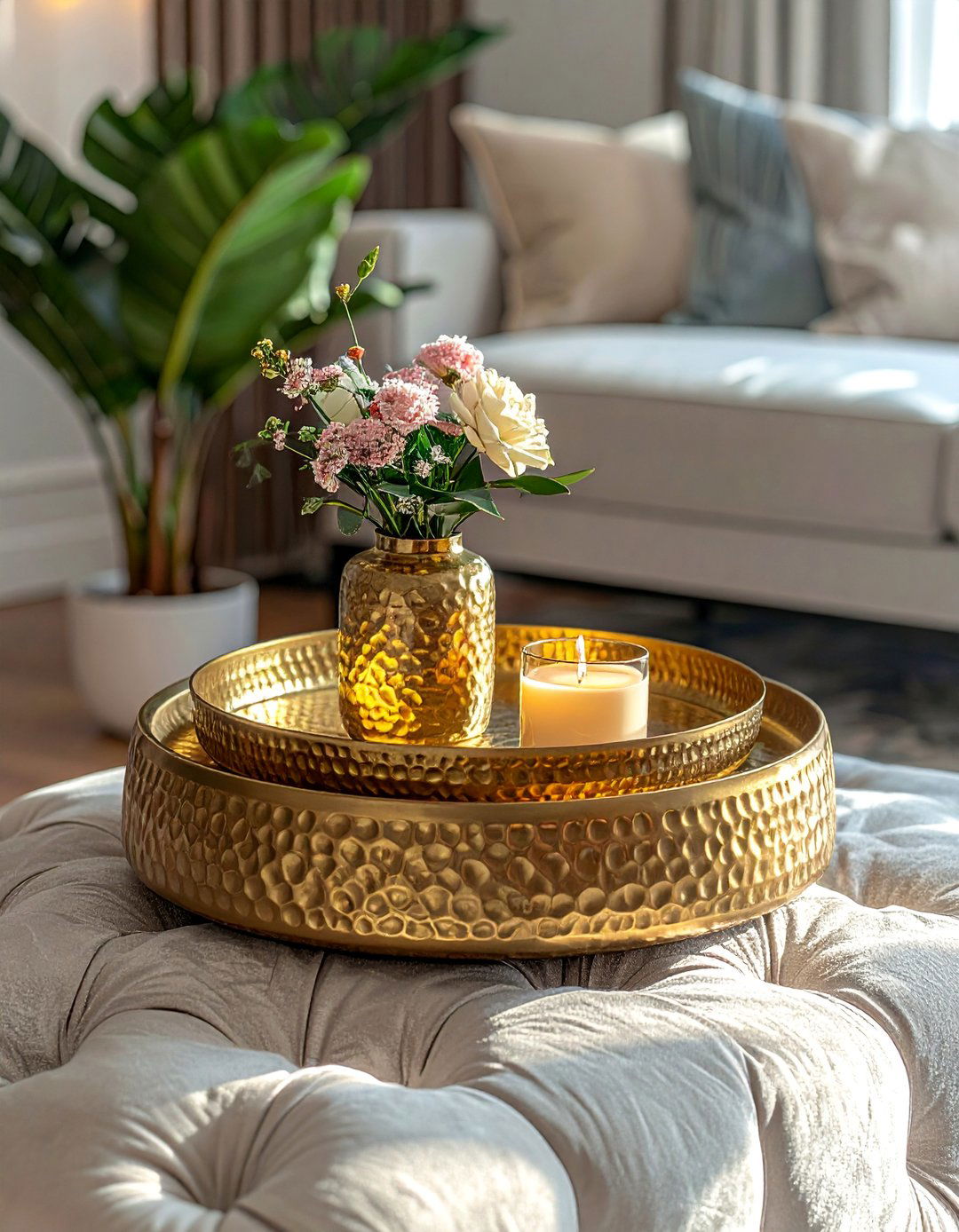 Using Trays on Ottomans and Coffee Tables - 40 Transitional Living Room Ideas for Modern Homes