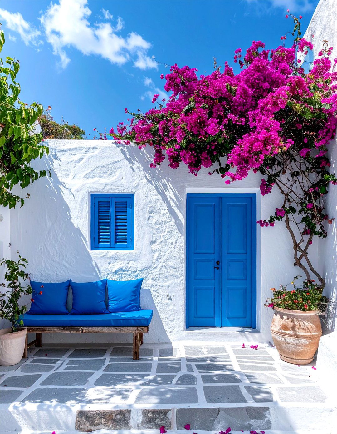 Using Vibrant Blue Accents on a Mediterranean Patio - 25 Mediterranean Patio Ideas for a Relaxing Outdoor Space