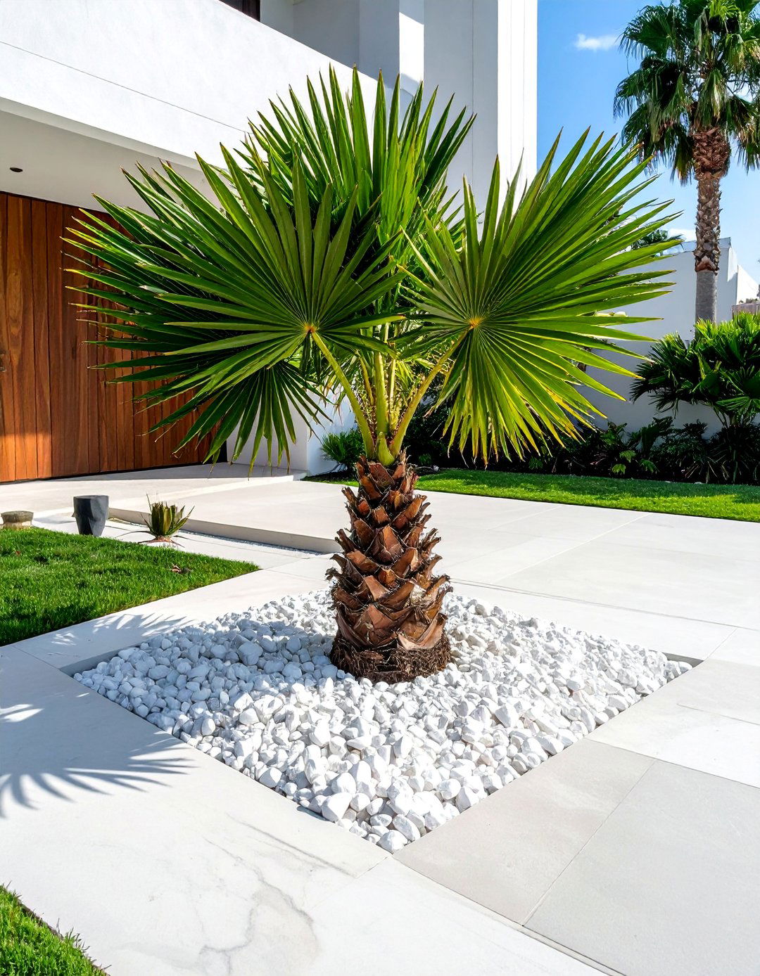 Using White Gravel to Make Palms Pop - 35 Front Yard Palm Tree Landscape Design Ideas