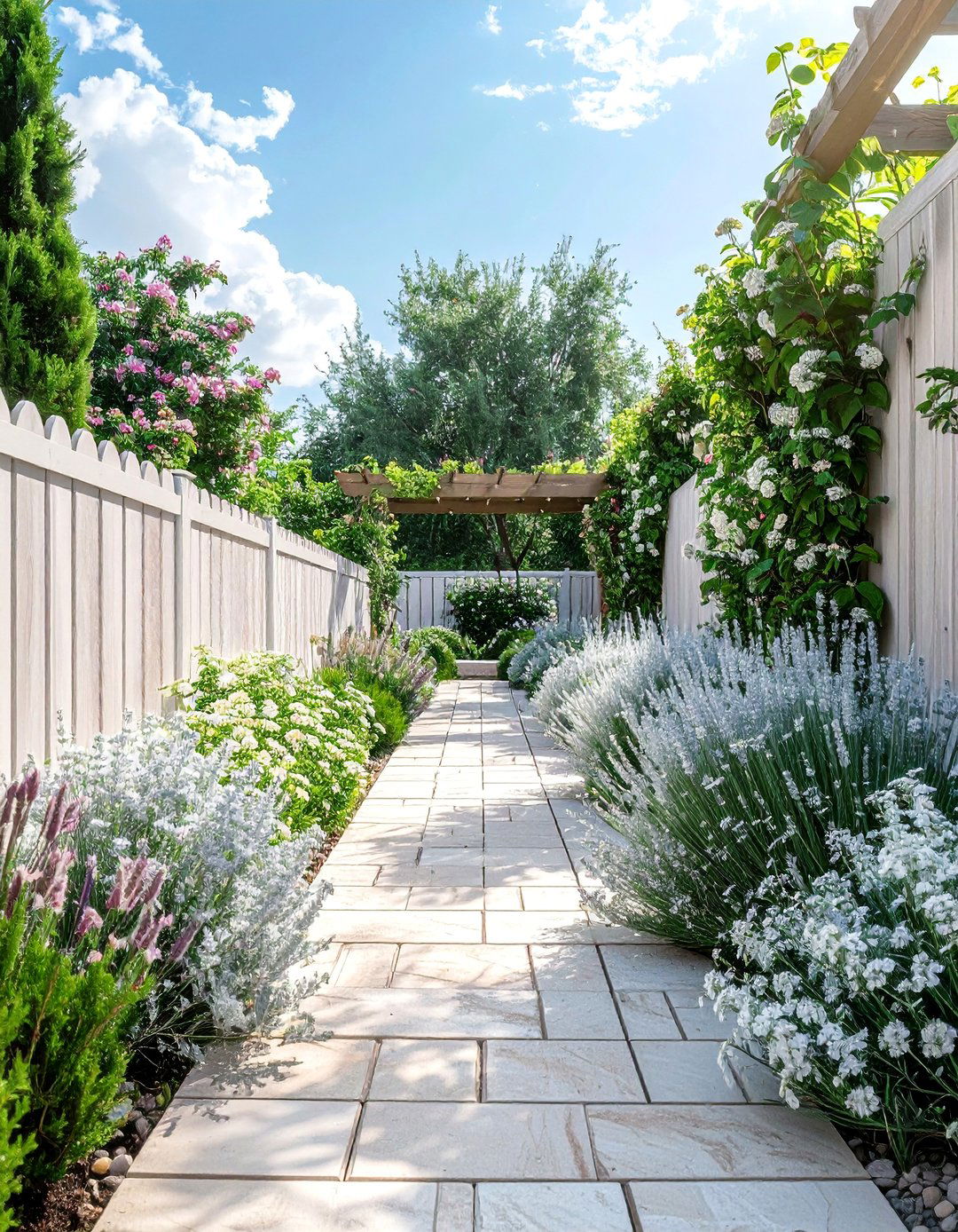 Using a Light Color Palette in a Narrow Garden - 20 Narrow Garden Ideas to Maximize Small Spaces