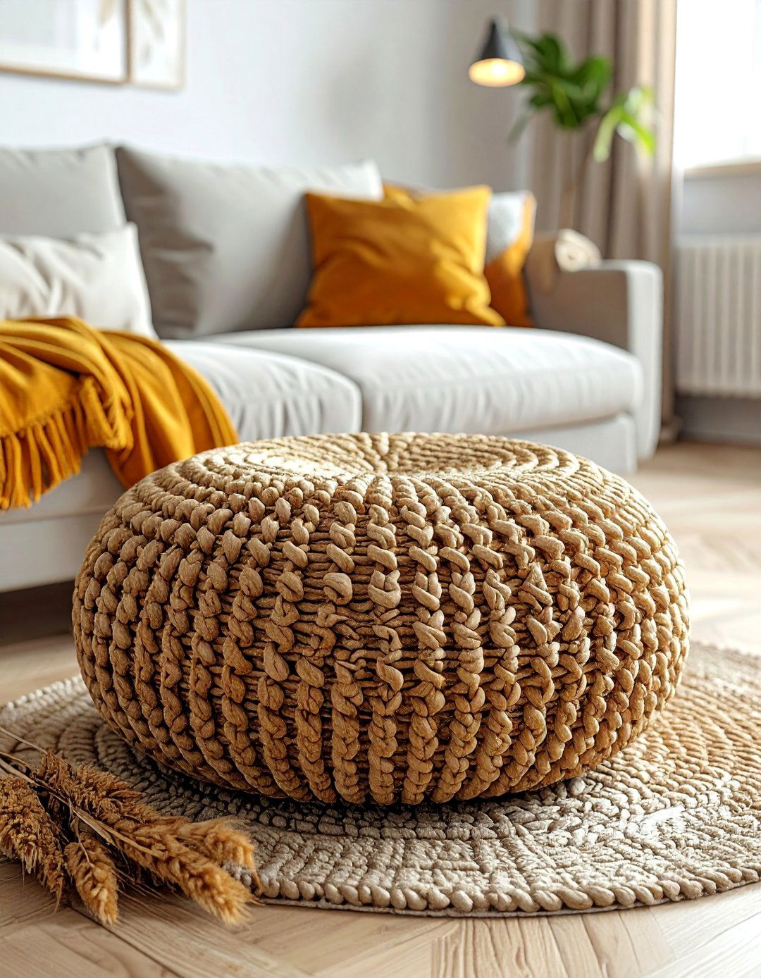 Using a Natural Fiber Pouf for Extra Seating - 30 Rustic Scandinavian Living Room Ideas for a Cozy Vibe