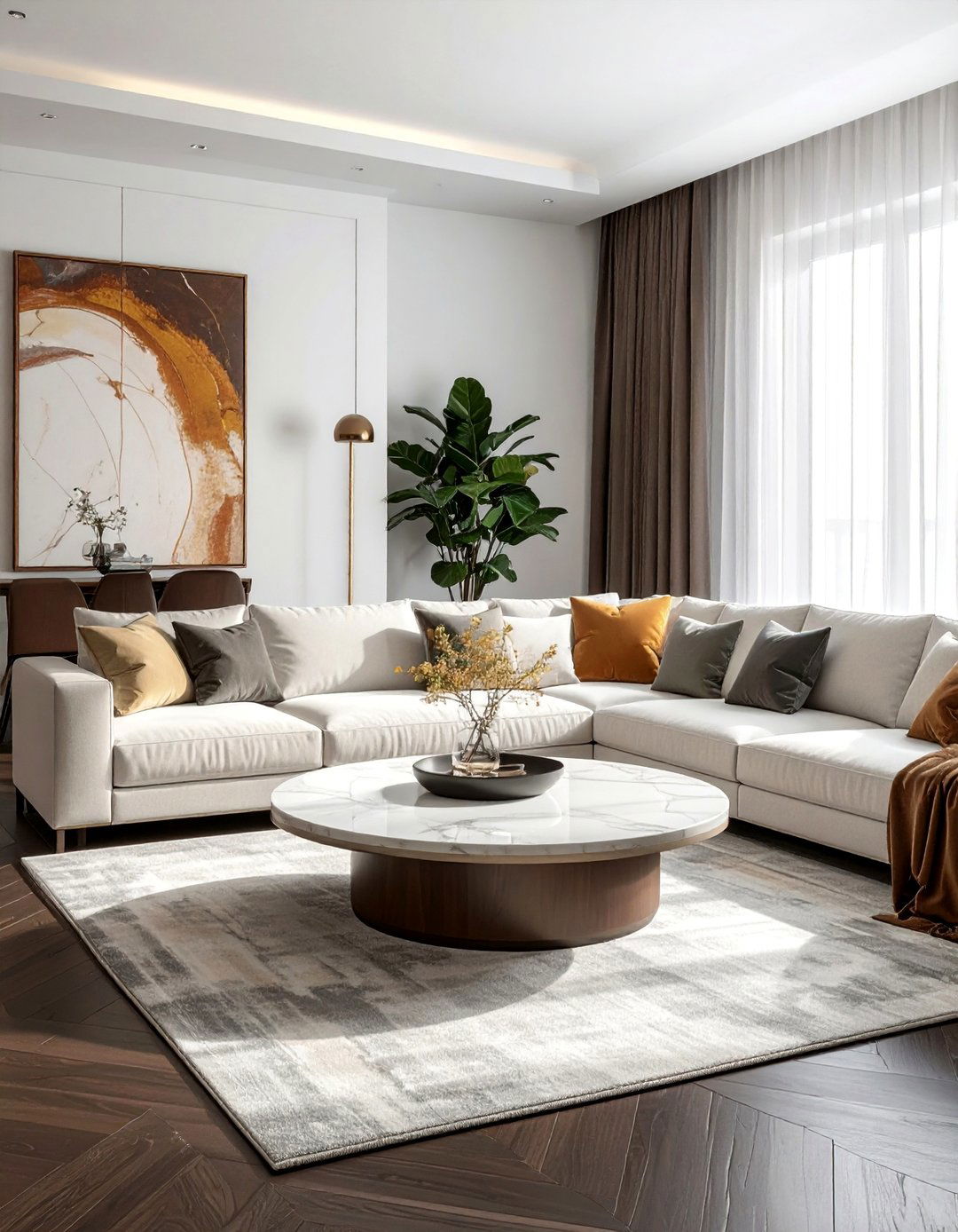Using a Round Coffee Table for Better Flow - 30 Dark Brown Floor Living Room Ideas for a Warm Ambiance