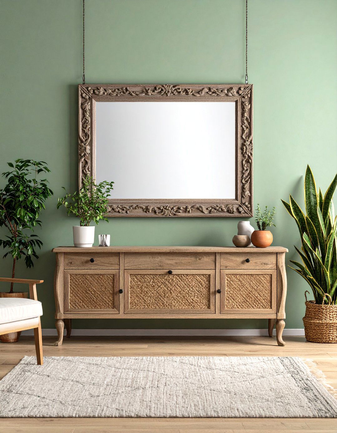 Utilizing Vintage Style Mirrors - 25 Rustic Sage Green Living Room Ideas for Serenity