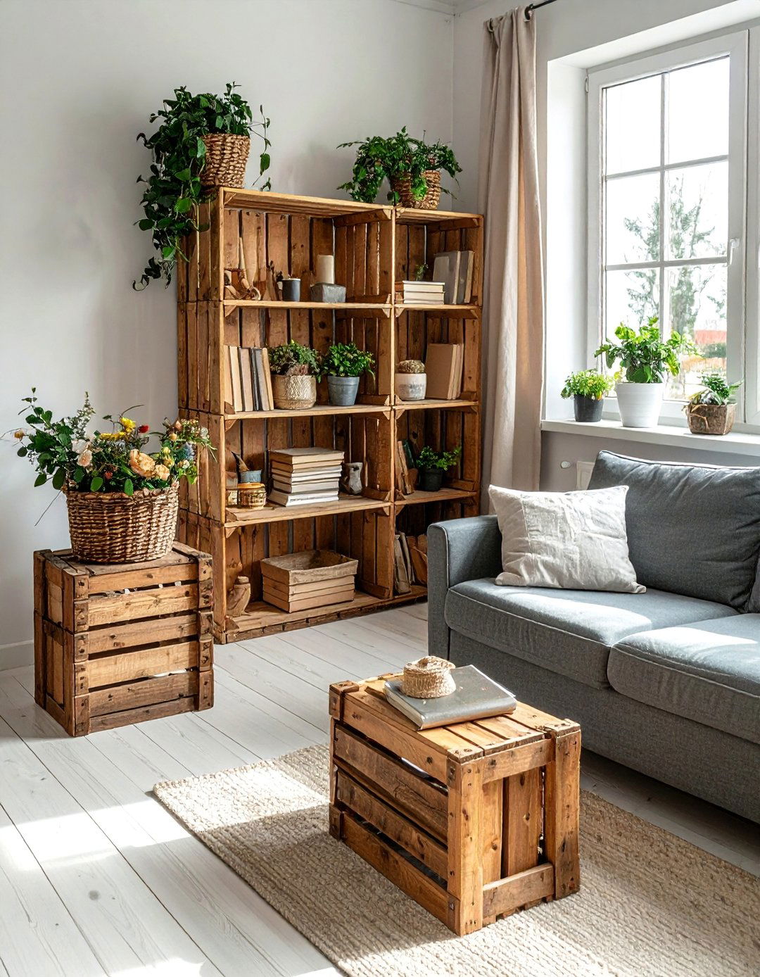 Utilizing Vintage Wooden Crates for Storage - 30 Rustic Scandinavian Living Room Ideas for a Cozy Vibe