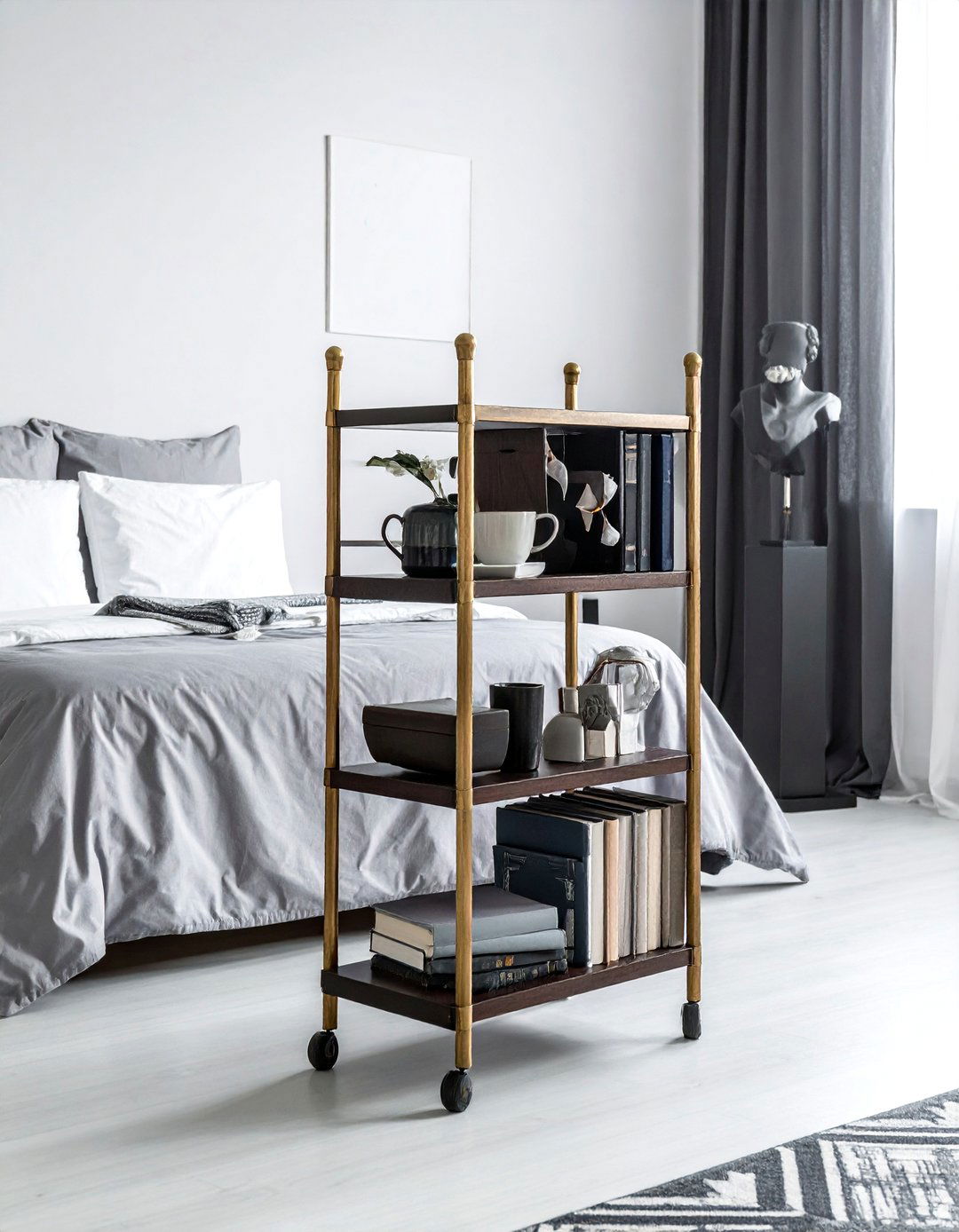 Utilizing a Vintage Style Bar Cart for Books in a Dark Academia Bedroom