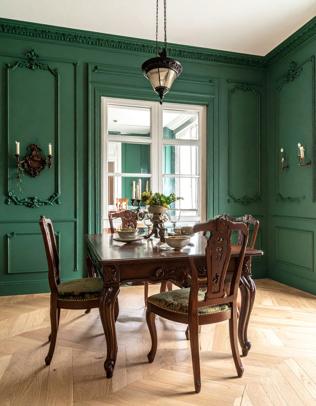 Verdigris Green Dining Room with Antique Furniture - 40 Green Dining Room Ideas for a Fresh Look