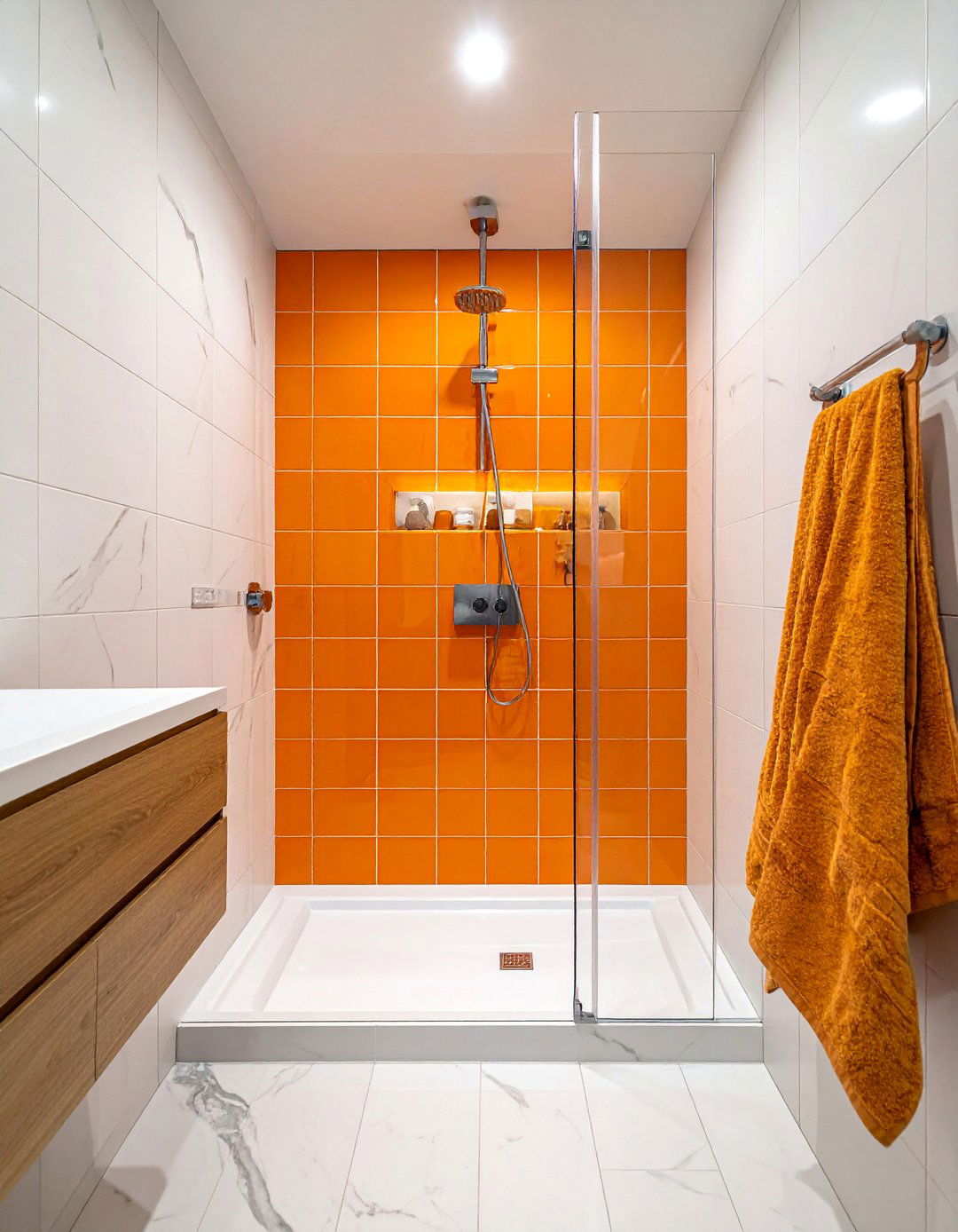 Vibrant Orange Bathroom Shower Niche - 25 Colorful Bathroom Ideas to Brighten Your Space