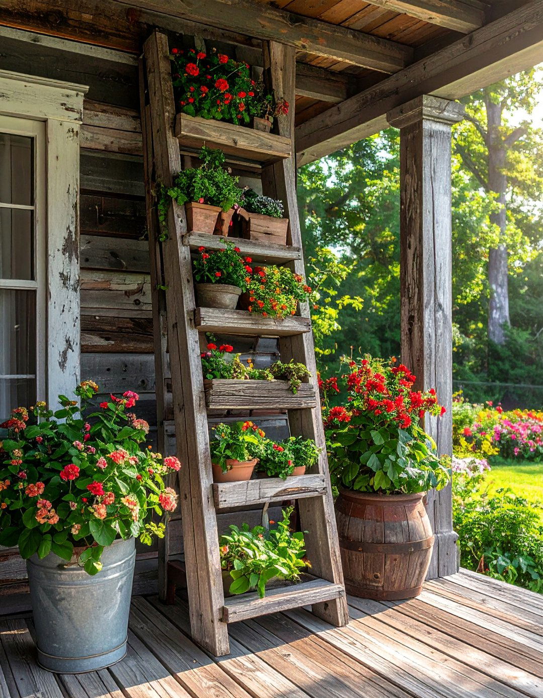 Vintage Ladder Plant Display - 30 Rustic Porch Ideas to Enhance Your Outdoor Space