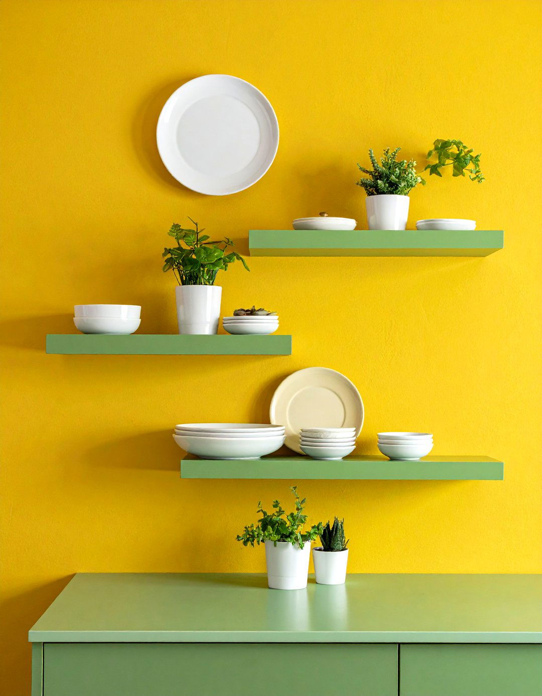 Wasabi Green Open Shelving Against a Creamy Yellow Wall - 20 Green and Yellow Kitchen Ideas for a Fresh Look