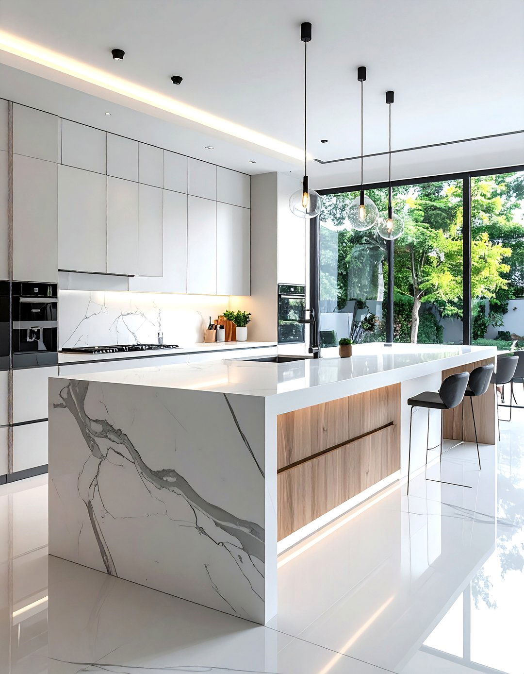 Waterfall Edge Quartz Island - 40 Kitchen Island Ideas for Spacious Kitchens