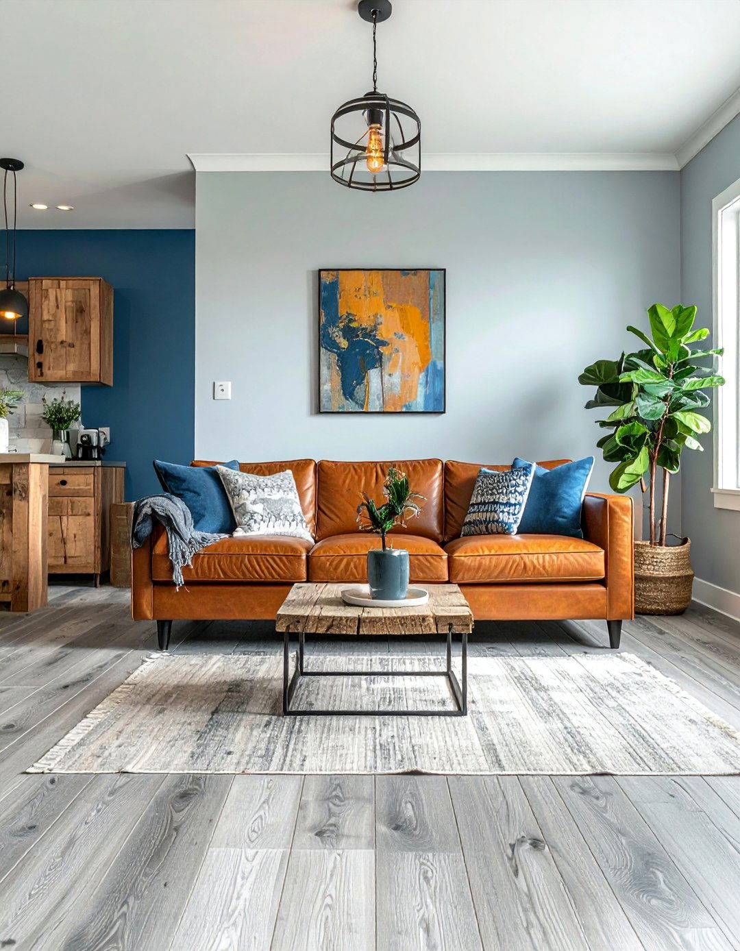 Weathered Grey Oak Flooring with Denim Blue Walls - 20 Grey Floor Living Room With Blue Walls Ideas