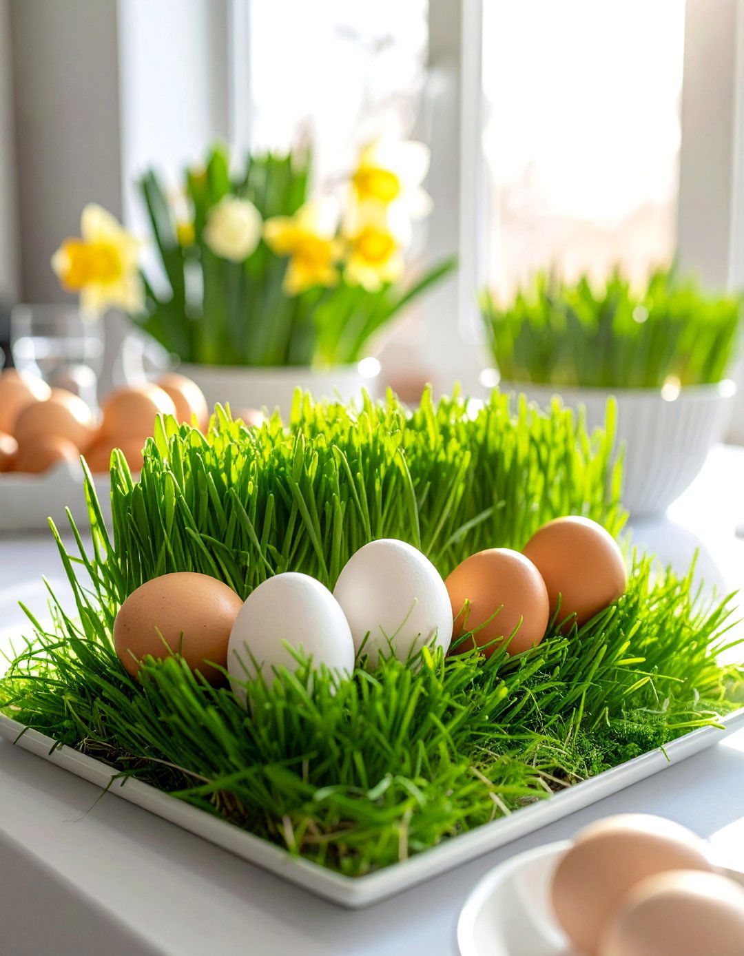 Wheatgrass and Egg Spring Centerpiece Display - 25 Spring Centerpiece Ideas for a Fresh Look