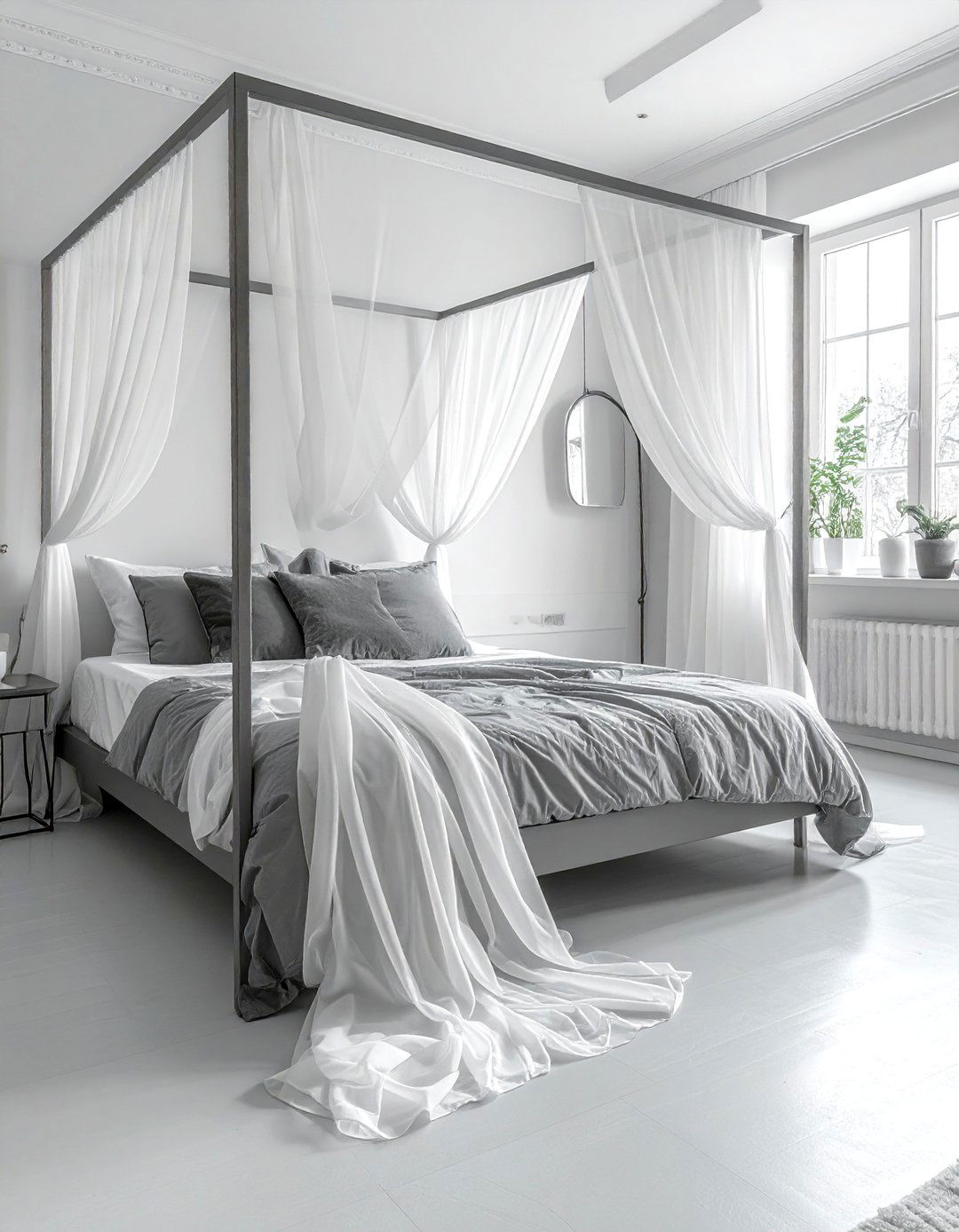White Bedroom with Grey Canopy Bed - 40 Grey and White Bedroom Ideas for a Serene Retreat