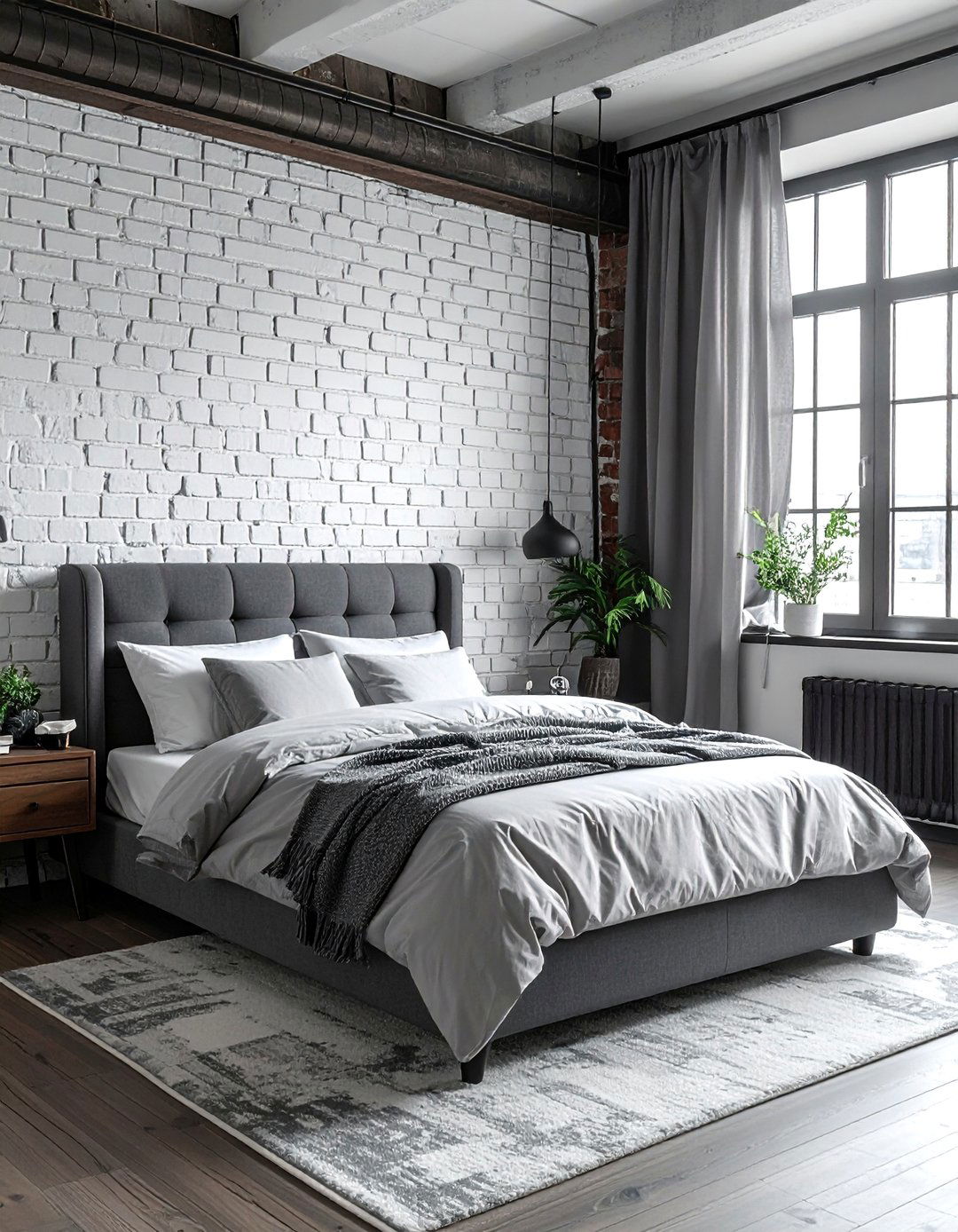 White Brick Wall with Grey Decor - 40 Grey and White Bedroom Ideas for a Serene Retreat
