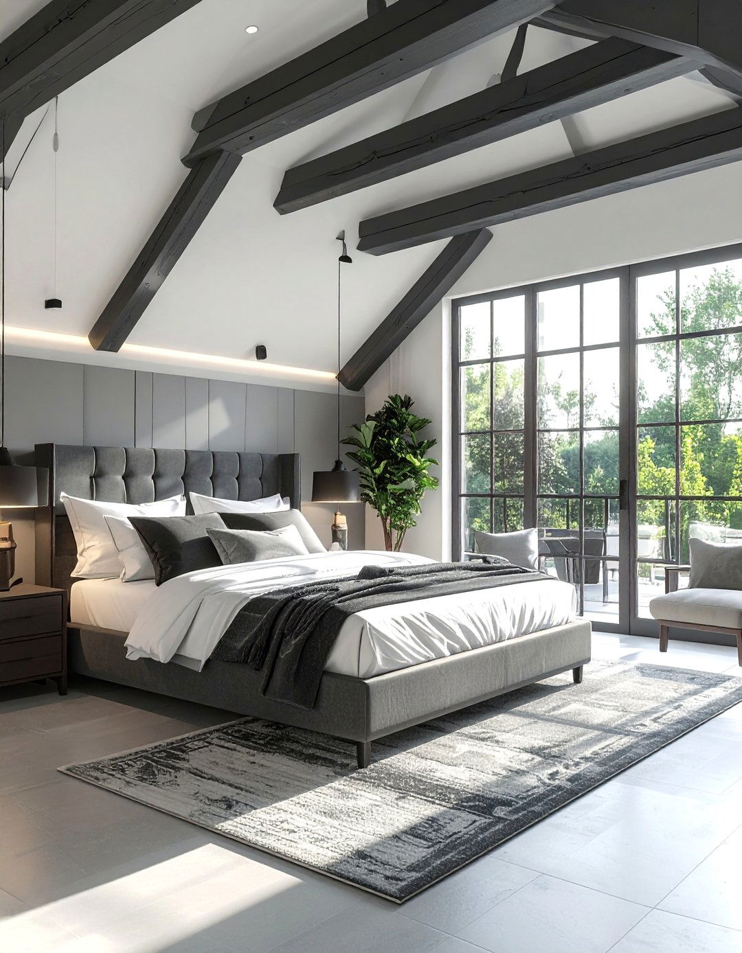 White Ceiling with Grey Beams - 40 Grey and White Bedroom Ideas for a Serene Retreat