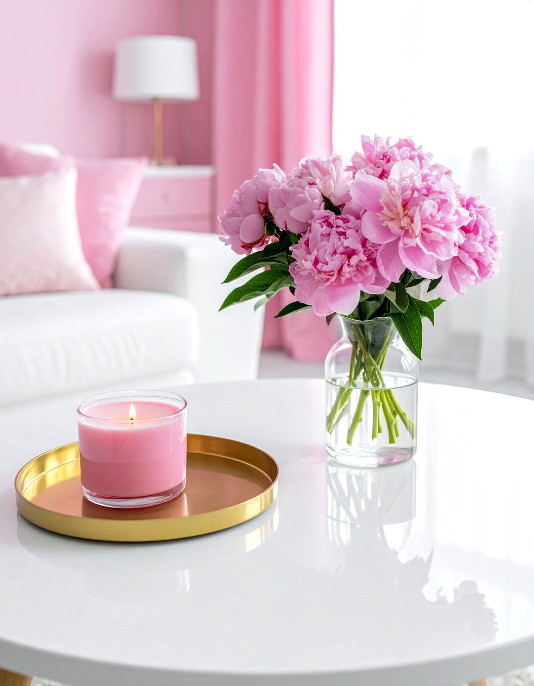 White Coffee Table with Pink Centerpieces - 20 Pink and White Living Room Ideas for a Cozy Look