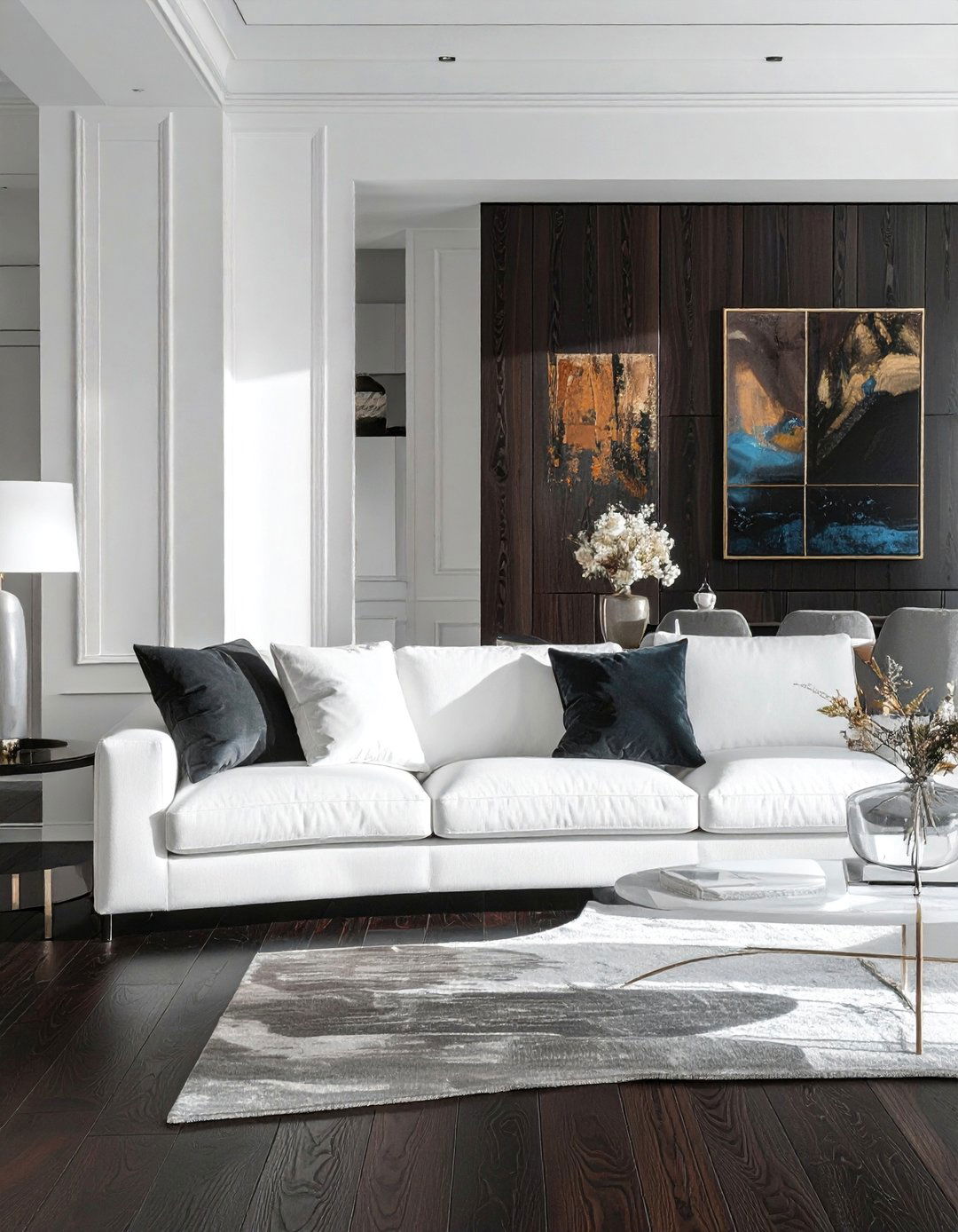 White Couch Living Room with Dark Hardwood Floors - 30 White Couch Living Room Ideas for a Bright Space
