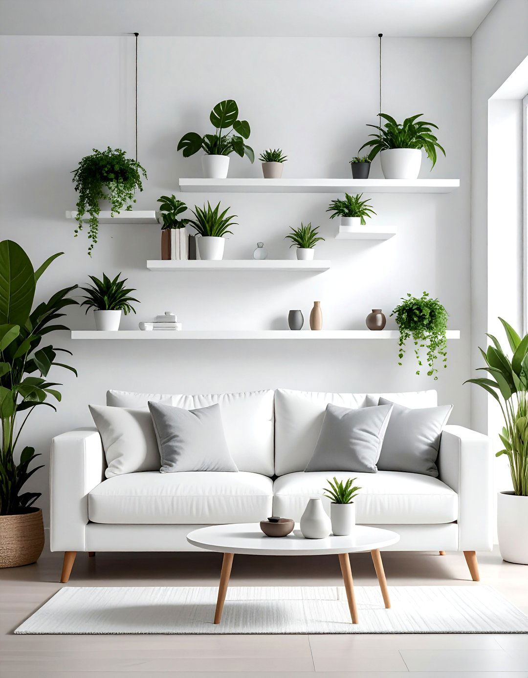 White Couch Living Room with Floating Shelves - 30 White Couch Living Room Ideas for a Bright Space