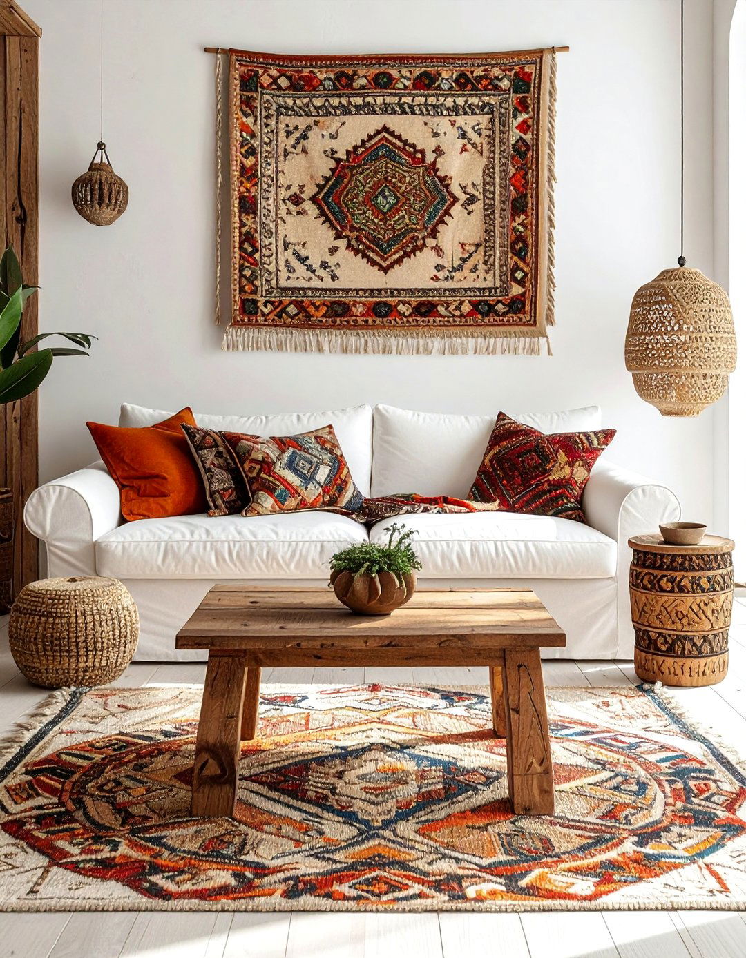 White Couch Living Room with Global Inspired Decor - 30 White Couch Living Room Ideas for a Bright Space