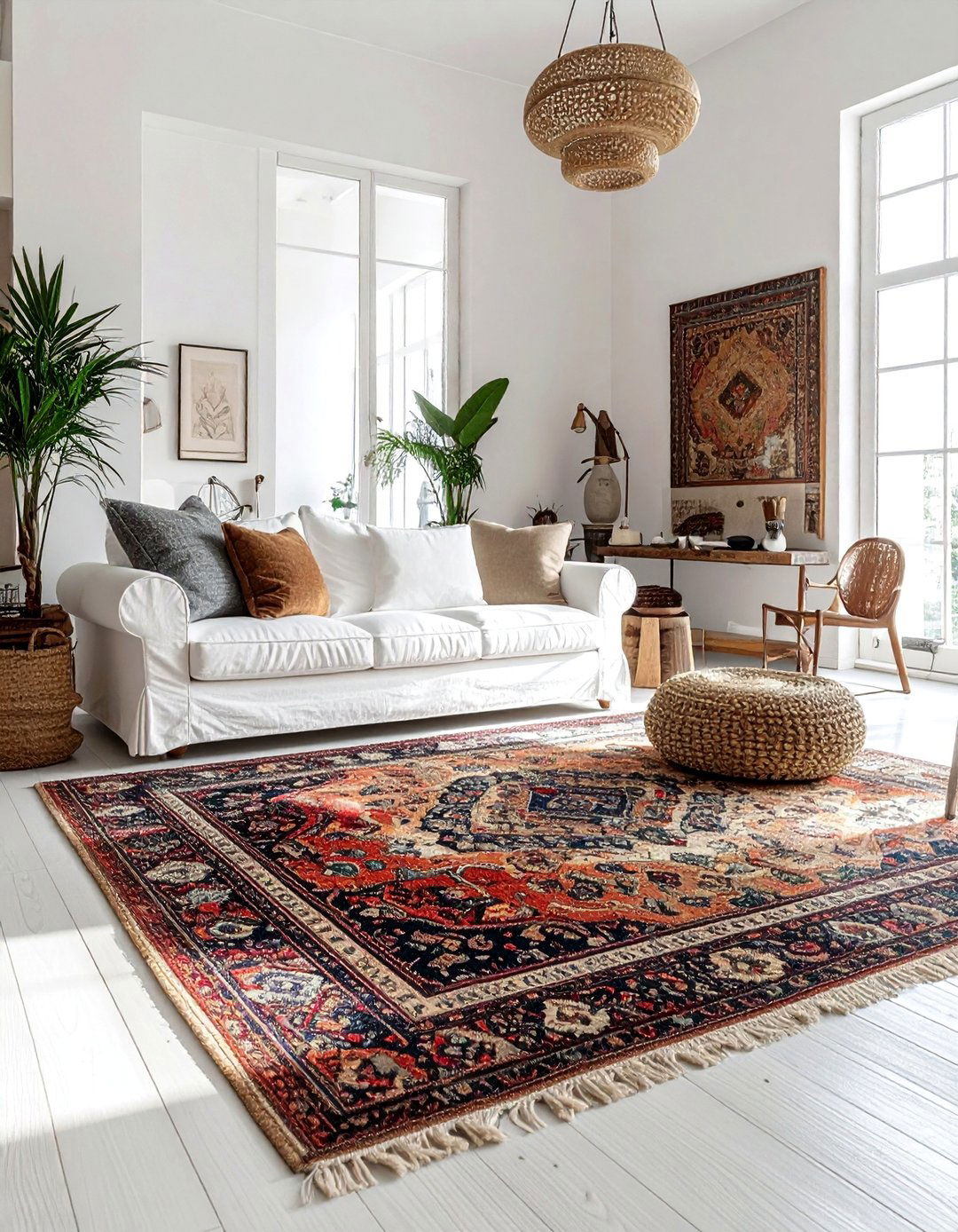 White Couch Living Room with Layered Rugs - 30 White Couch Living Room Ideas for a Bright Space