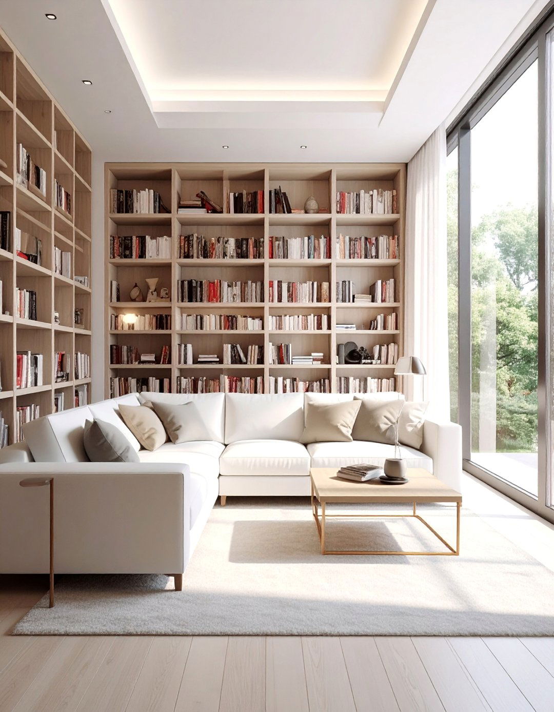 White Couch Living Room with a Built In Bookcase - 30 White Couch Living Room Ideas for a Bright Space