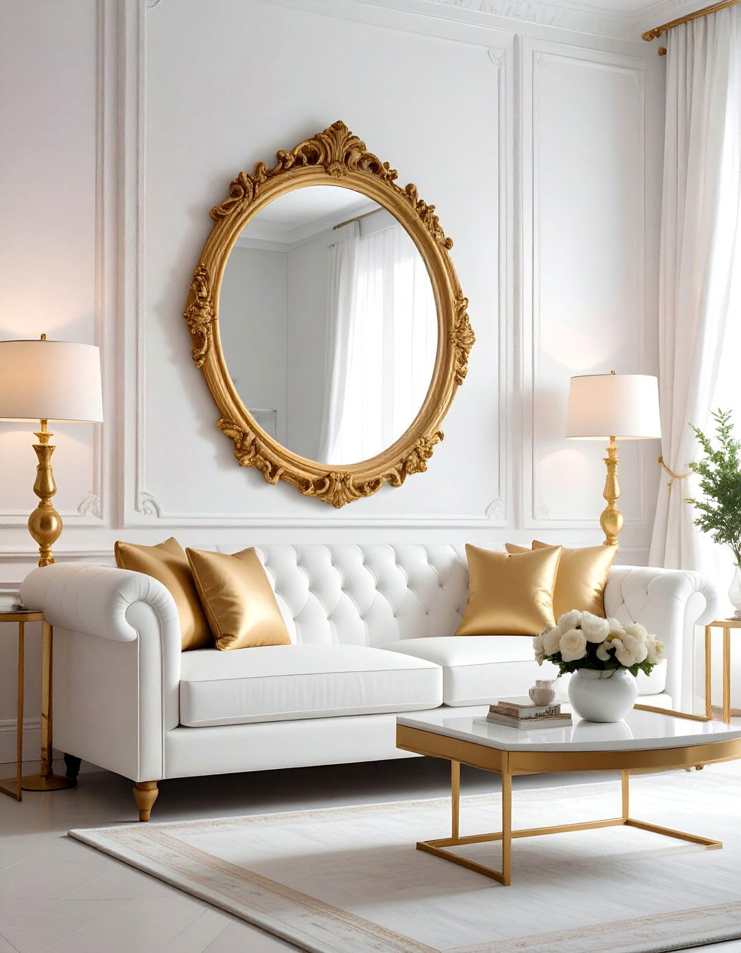 White Couch Living room with a Large Statement Mirror - 30 White Couch Living Room Ideas for a Bright Space