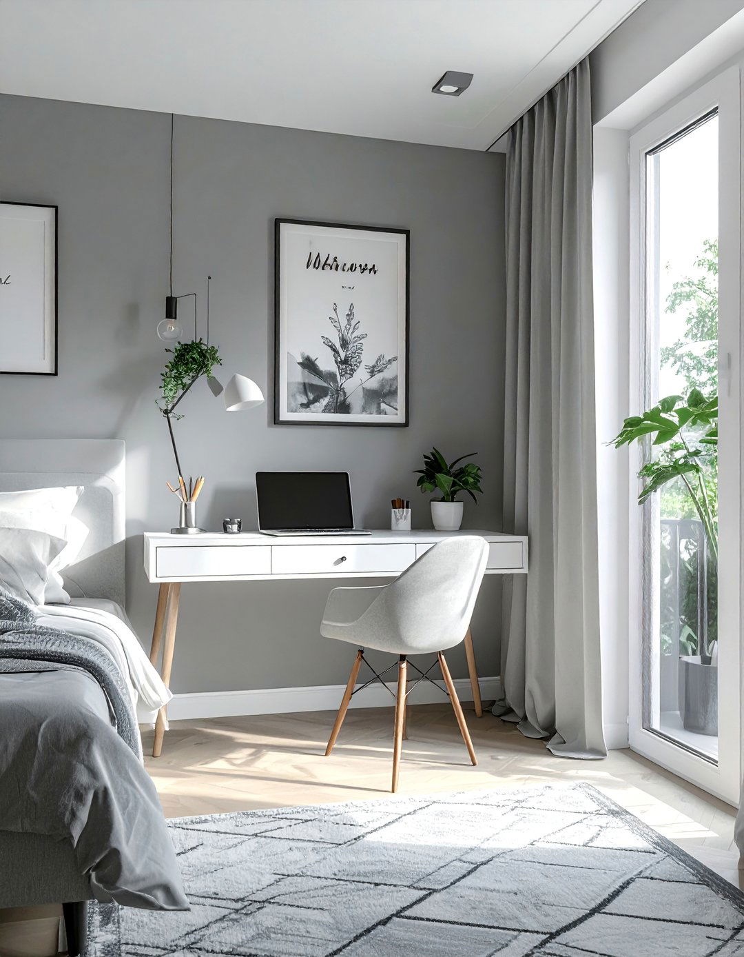 White Desk in a Grey Nook - 40 Grey and White Bedroom Ideas for a Serene Retreat