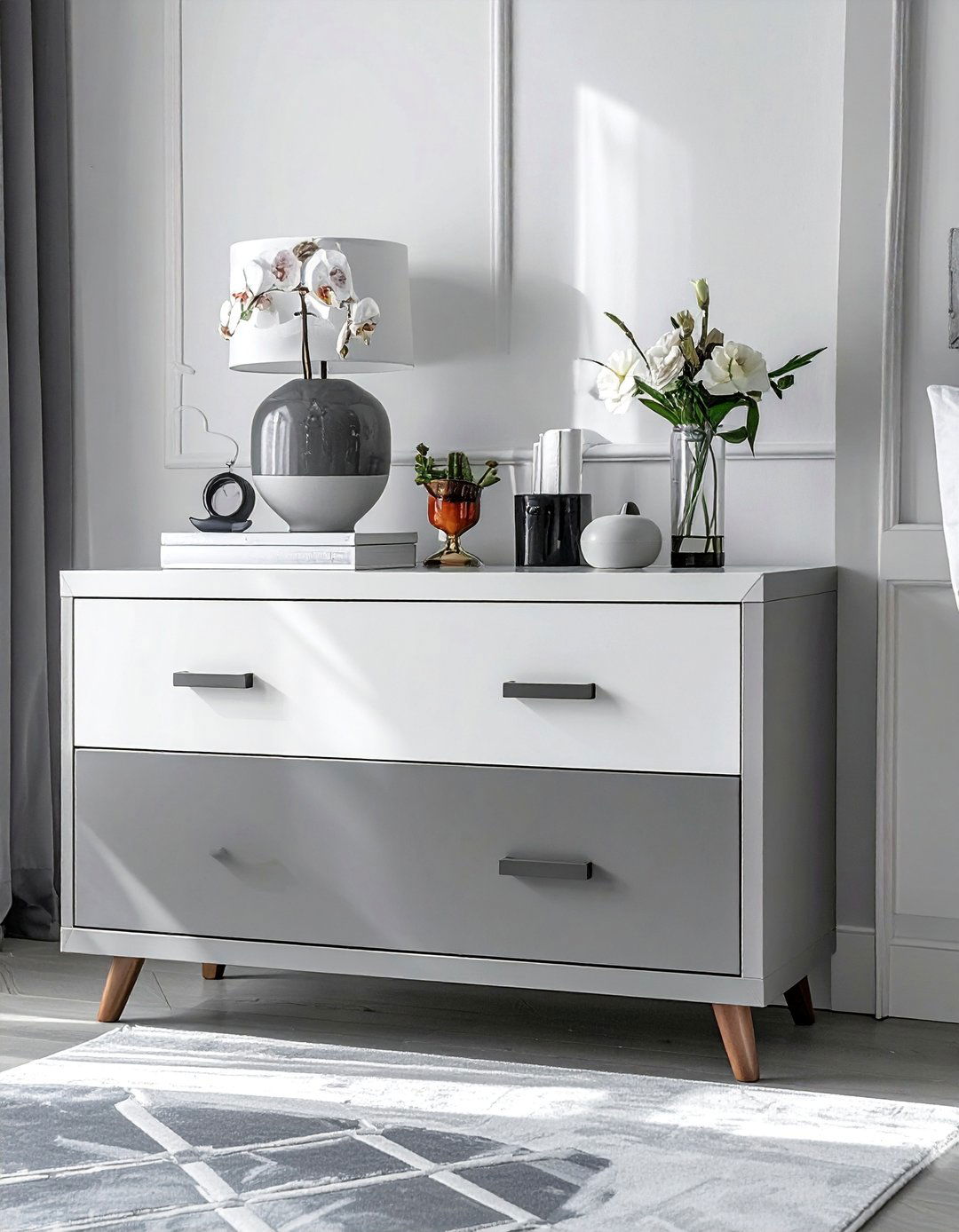 White Furniture with Grey Hardware - 40 Grey and White Bedroom Ideas for a Serene Retreat