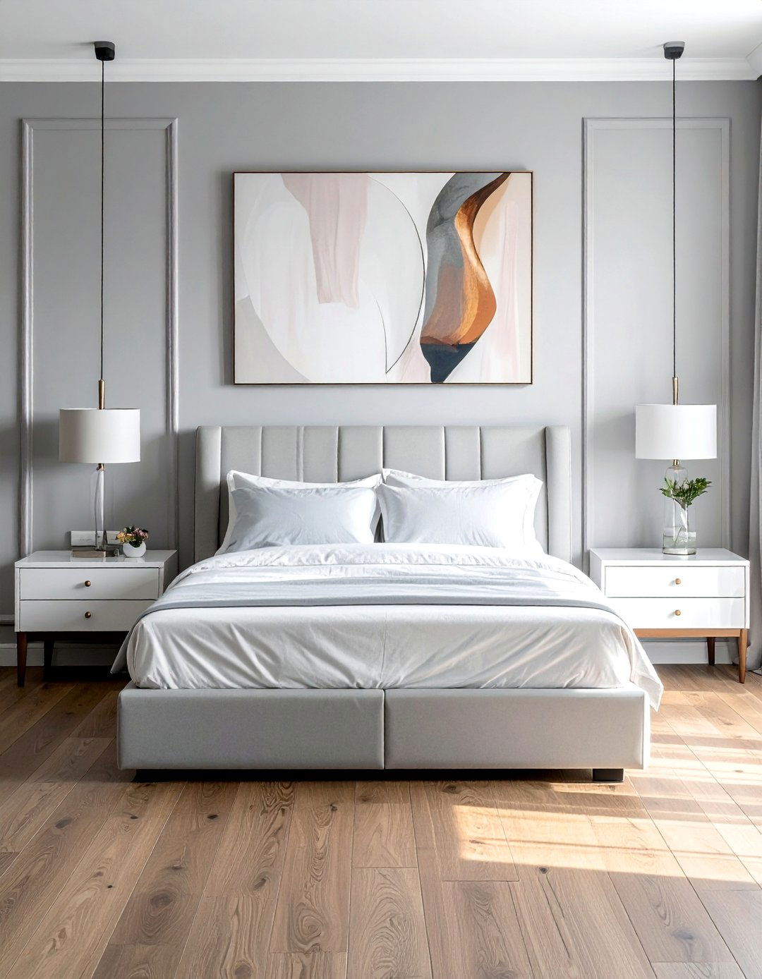 White Lacquered Nightstands - 40 Grey and White Bedroom Ideas for a Serene Retreat