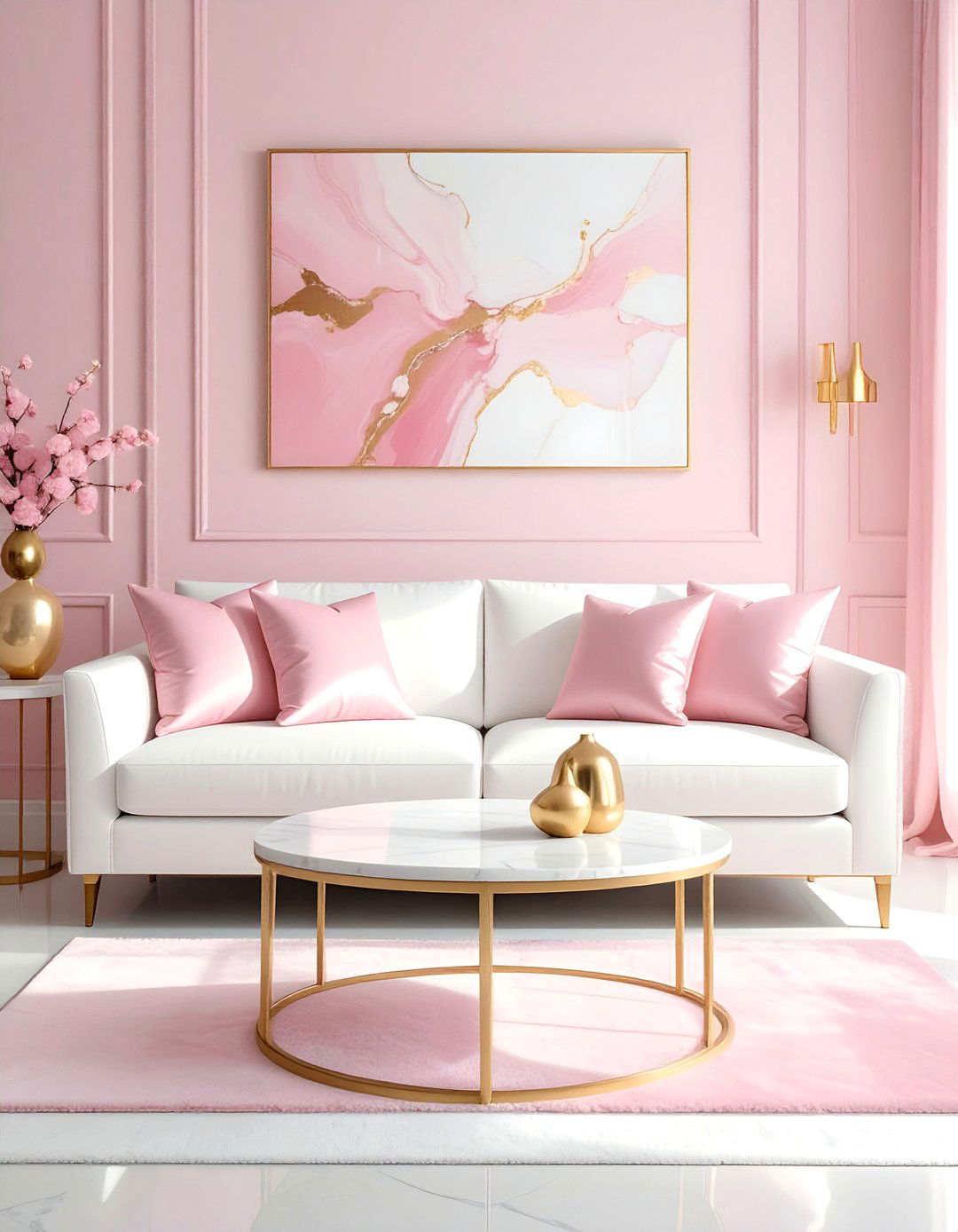 White Marble and Soft Pink Accents - 20 Pink and White Living Room Ideas for a Cozy Look