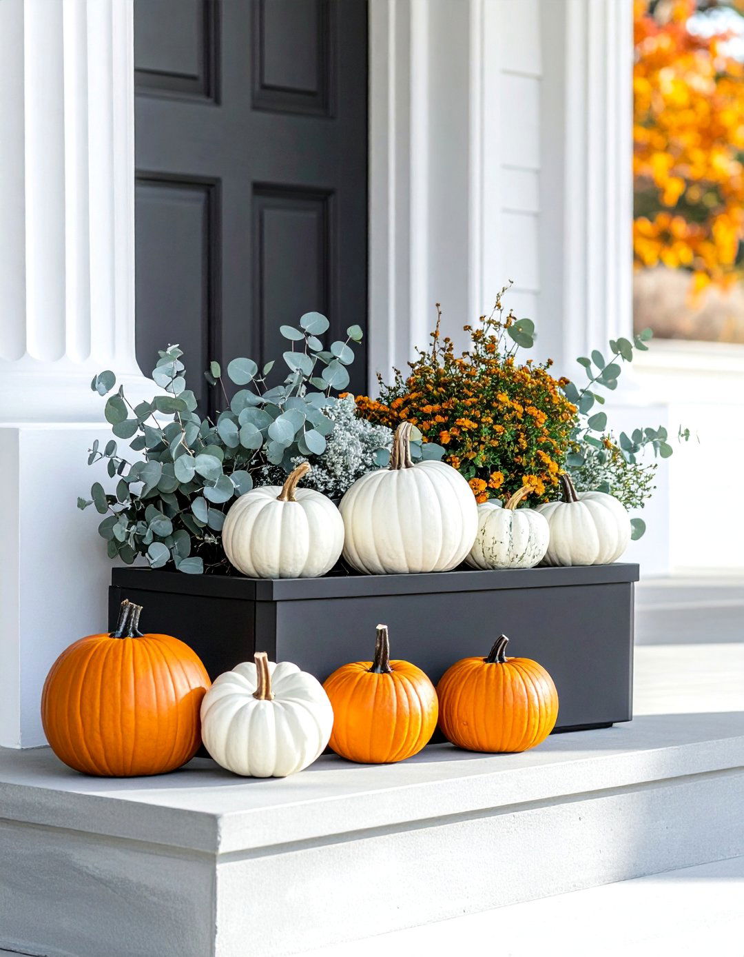 White Pumpkin and Eucalyptus Fall Planter - 40 Fall Planter Ideas to Add Seasonal Charm