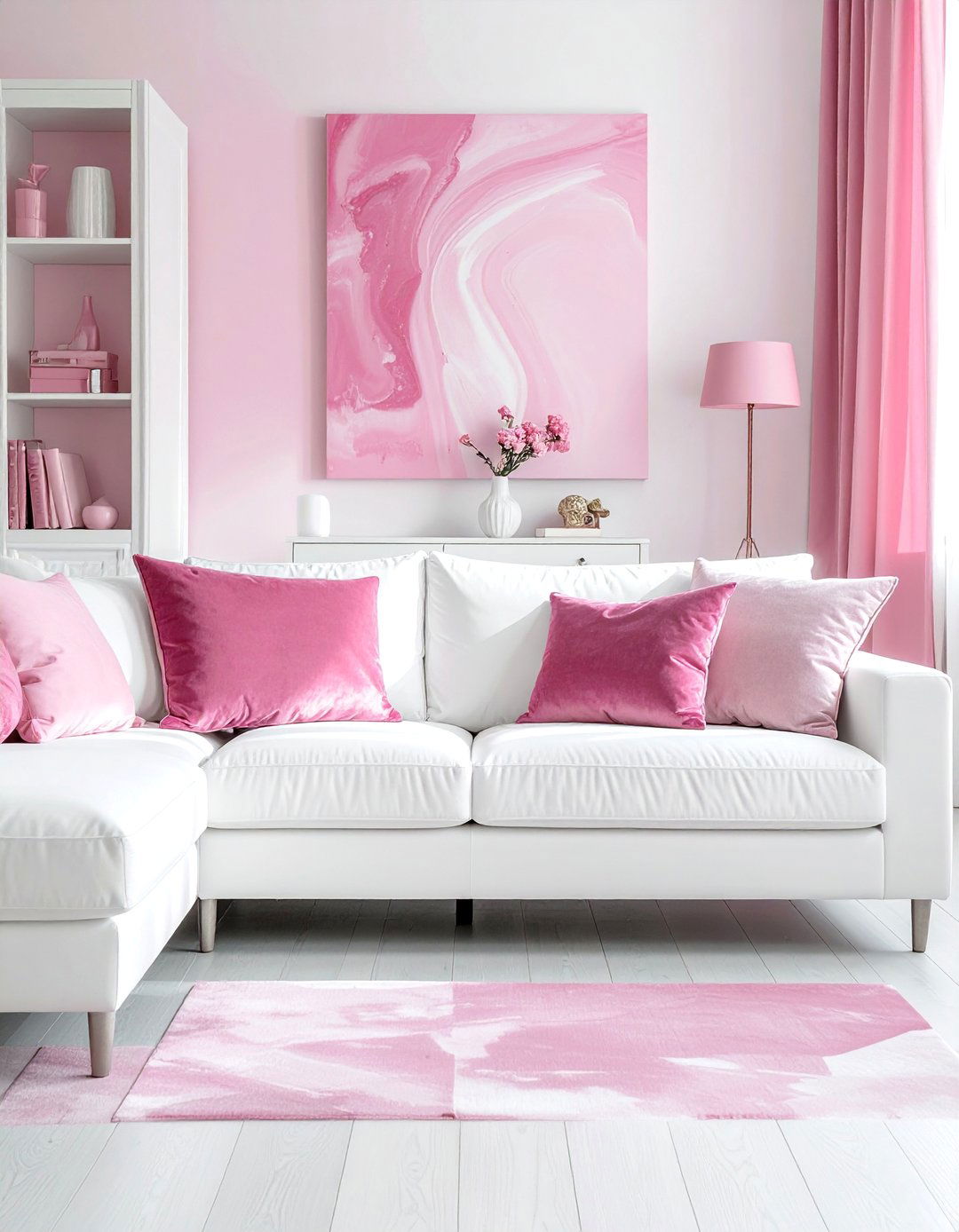 White Sectional Sofa with Varied Pink Pillows - 20 Pink and White Living Room Ideas for a Cozy Look
