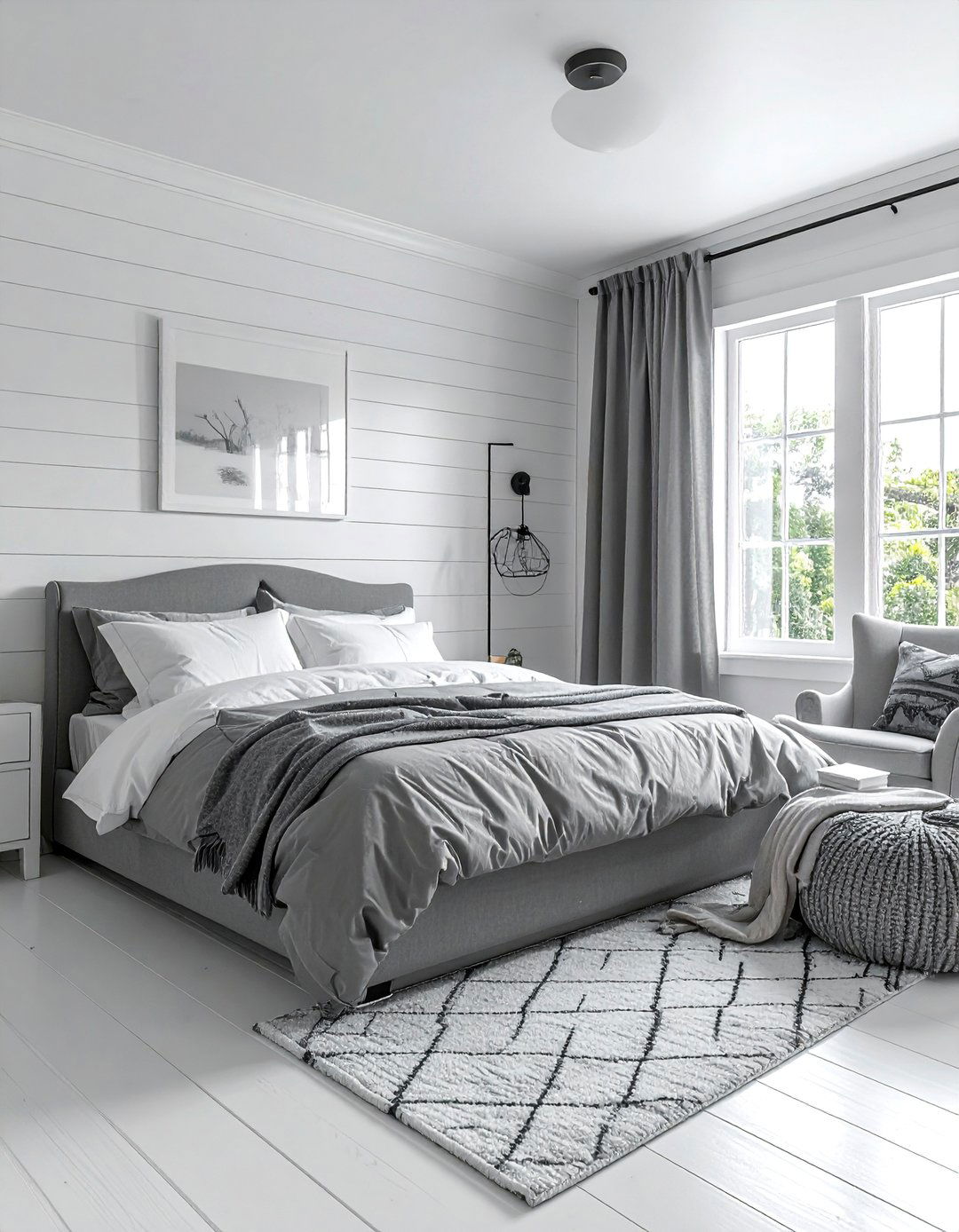 White Shiplap Walls with Grey Accents - 40 Grey and White Bedroom Ideas for a Serene Retreat