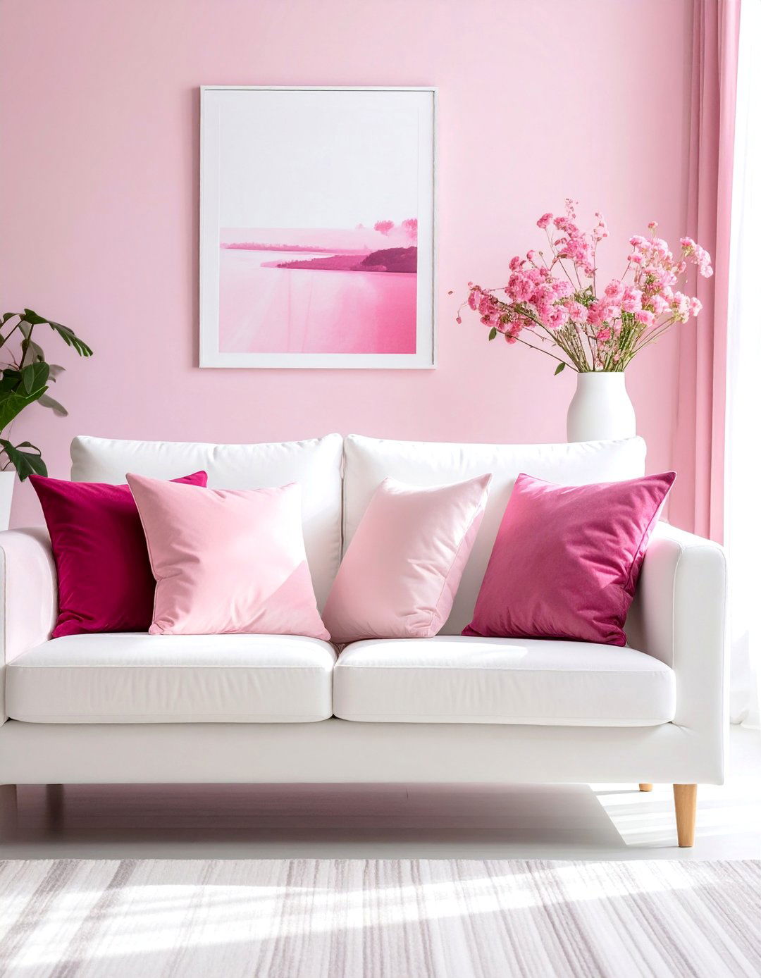 White Sofa with Assorted Pink Cushions - 20 Pink and White Living Room Ideas for a Cozy Look
