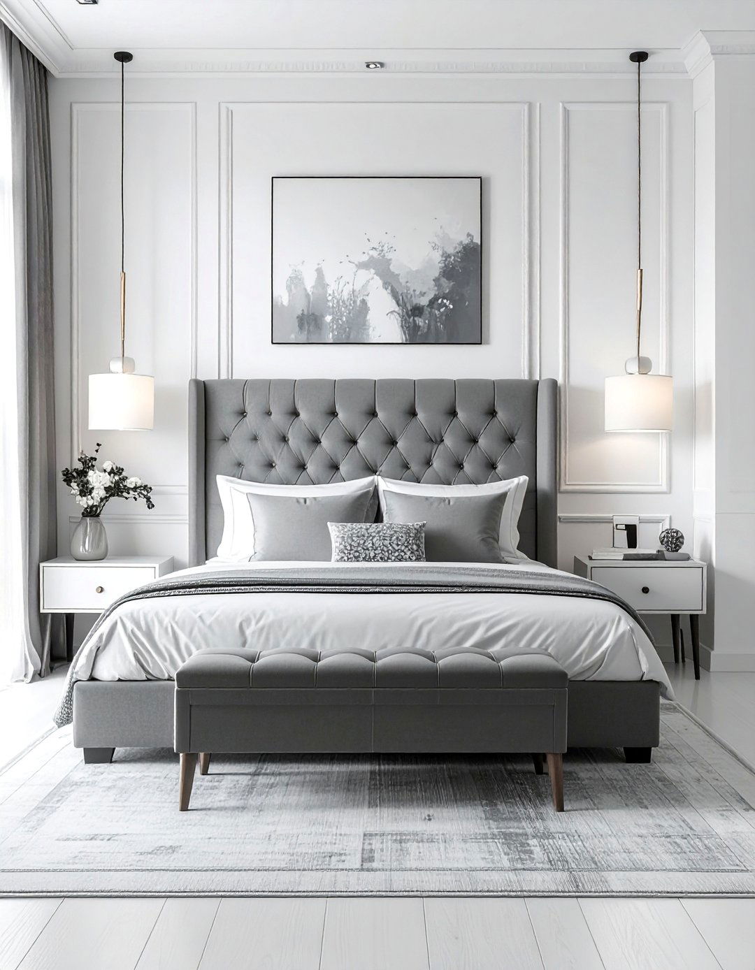 White Walls with Grey Upholstered Headboard