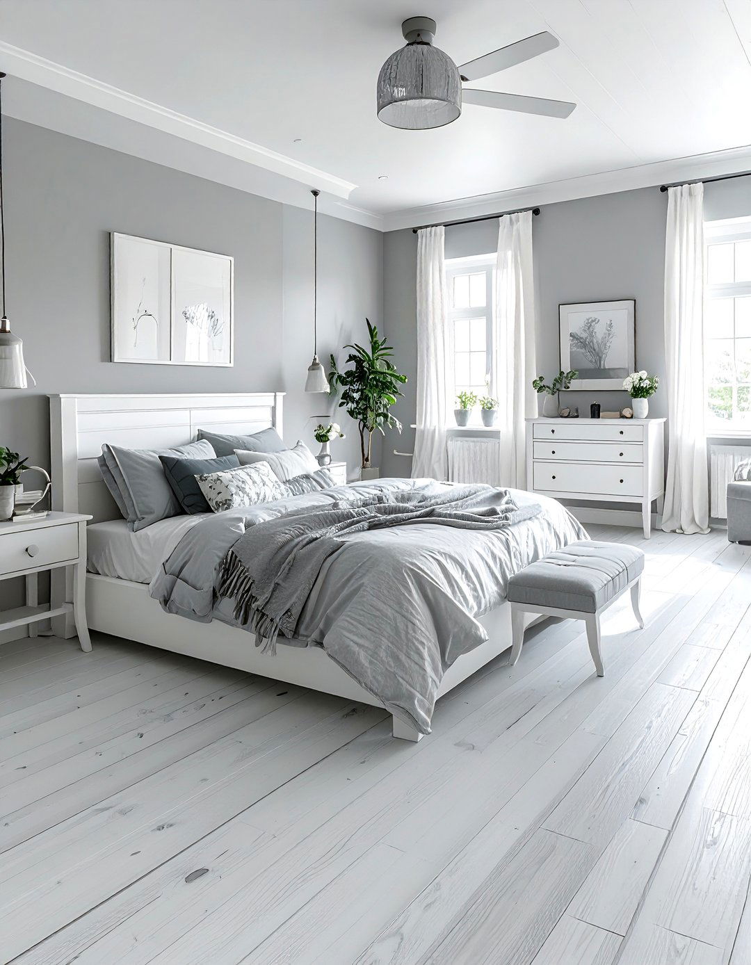 White Washed Wood Floors - 40 Grey and White Bedroom Ideas for a Serene Retreat