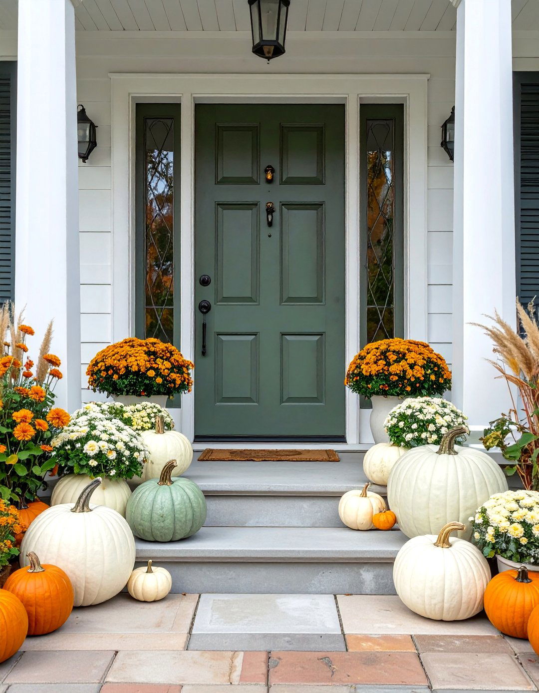 White and Neutral Pumpkin Arrangement - 30 Front Door Fall Decor Ideas to Welcome the Season