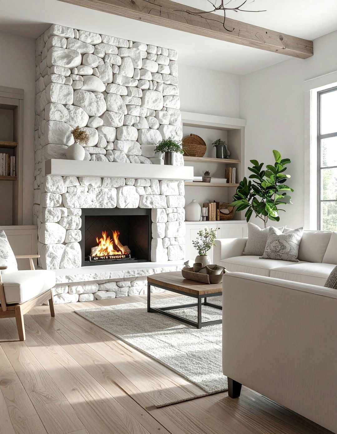 Whitewashed River Rock Fireplace - 30 Unique River Rock Fireplace Ideas for Cozy Homes
