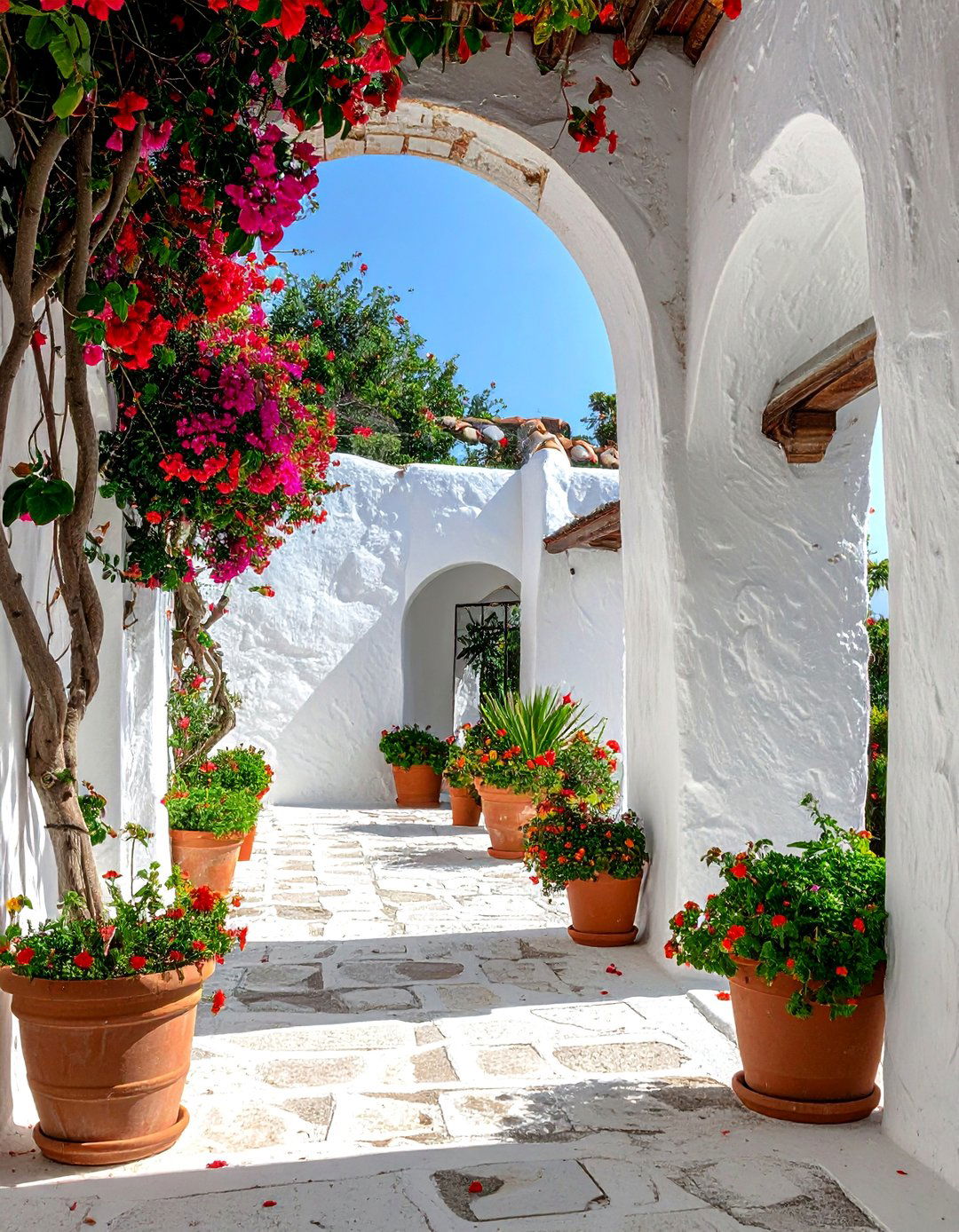 Whitewashed Stucco Walls in a Greek Garden - 30 Greek Garden Ideas for a Mediterranean Oasis