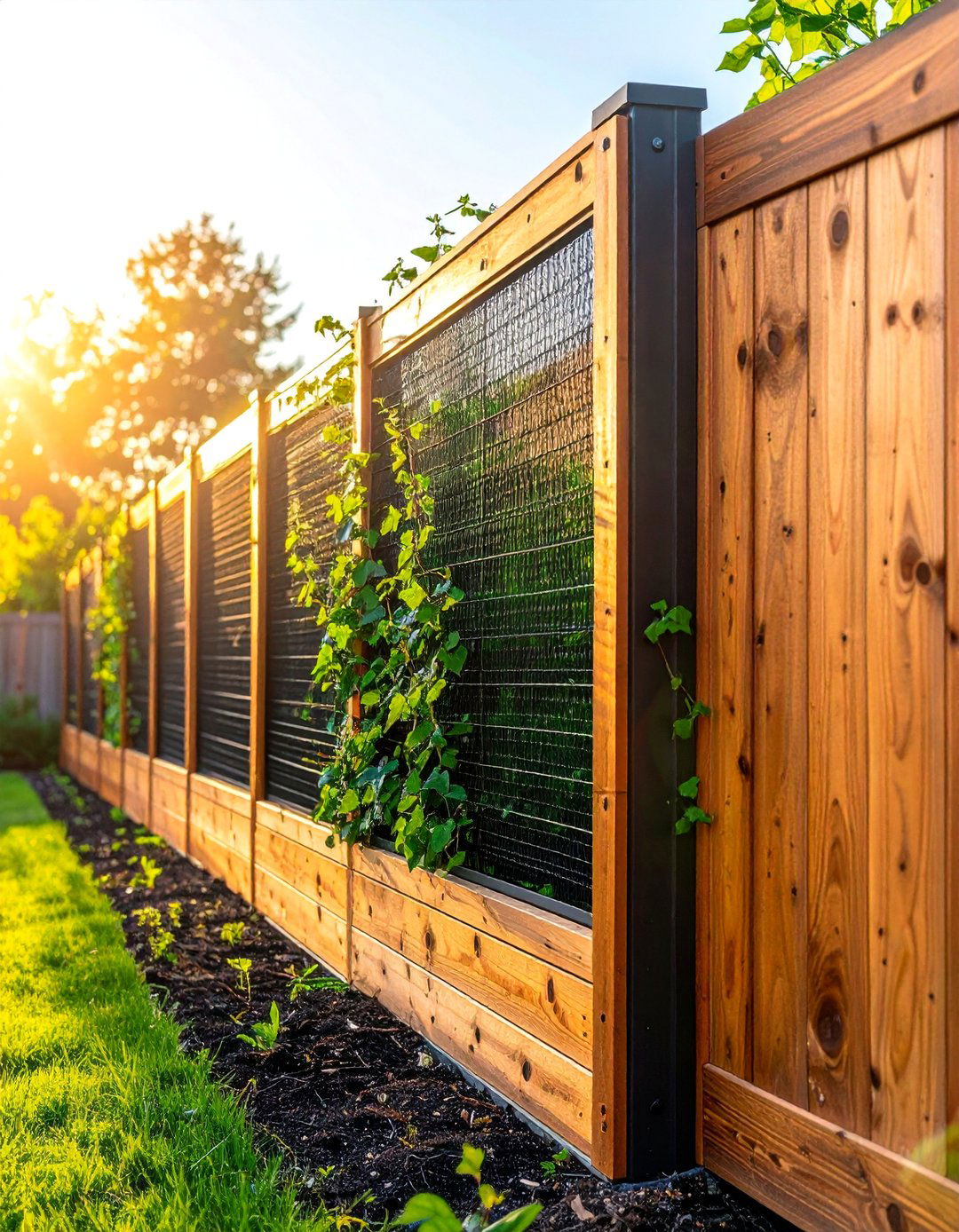 Wire Mesh Panels in a Wood Frame Fence - 25 Metal and Wood Fence Ideas for Your Outdoor Space