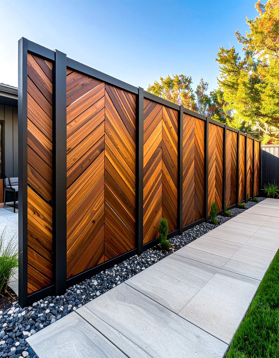 Wood Chevron Pattern with Metal Border Fence - 25 Metal and Wood Fence Ideas for Your Outdoor Space