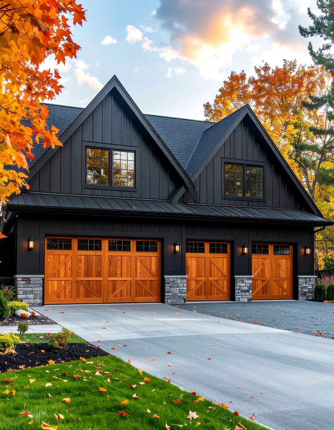 Wood Finished Garage Doors for Contrast - 40 Black Modern Farmhouse Exterior Design Ideas for a Sleek Look