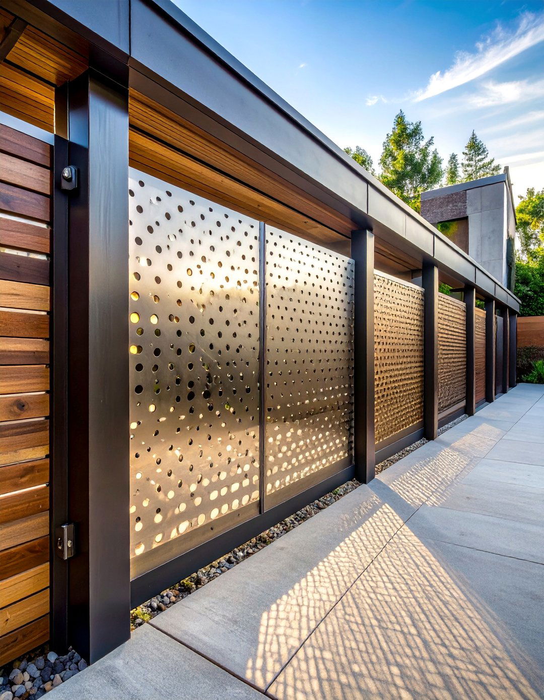 Wood and Perforated Metal Screen Fence - 25 Metal and Wood Fence Ideas for Your Outdoor Space