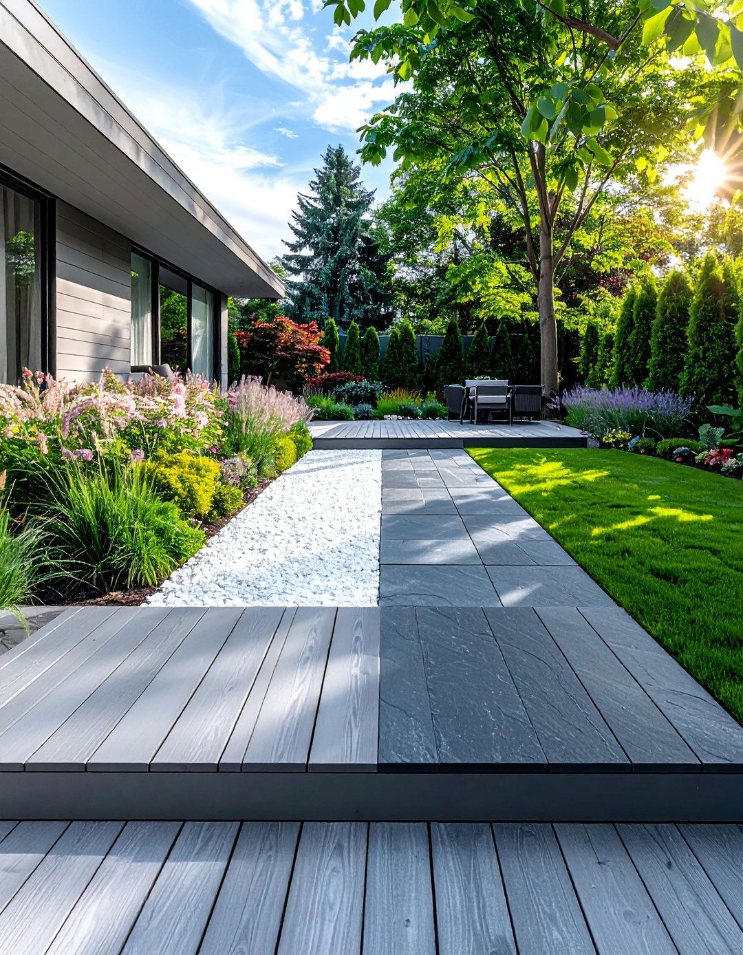 Zoning with Different Materials in a Narrow Garden - 20 Narrow Garden Ideas to Maximize Small Spaces